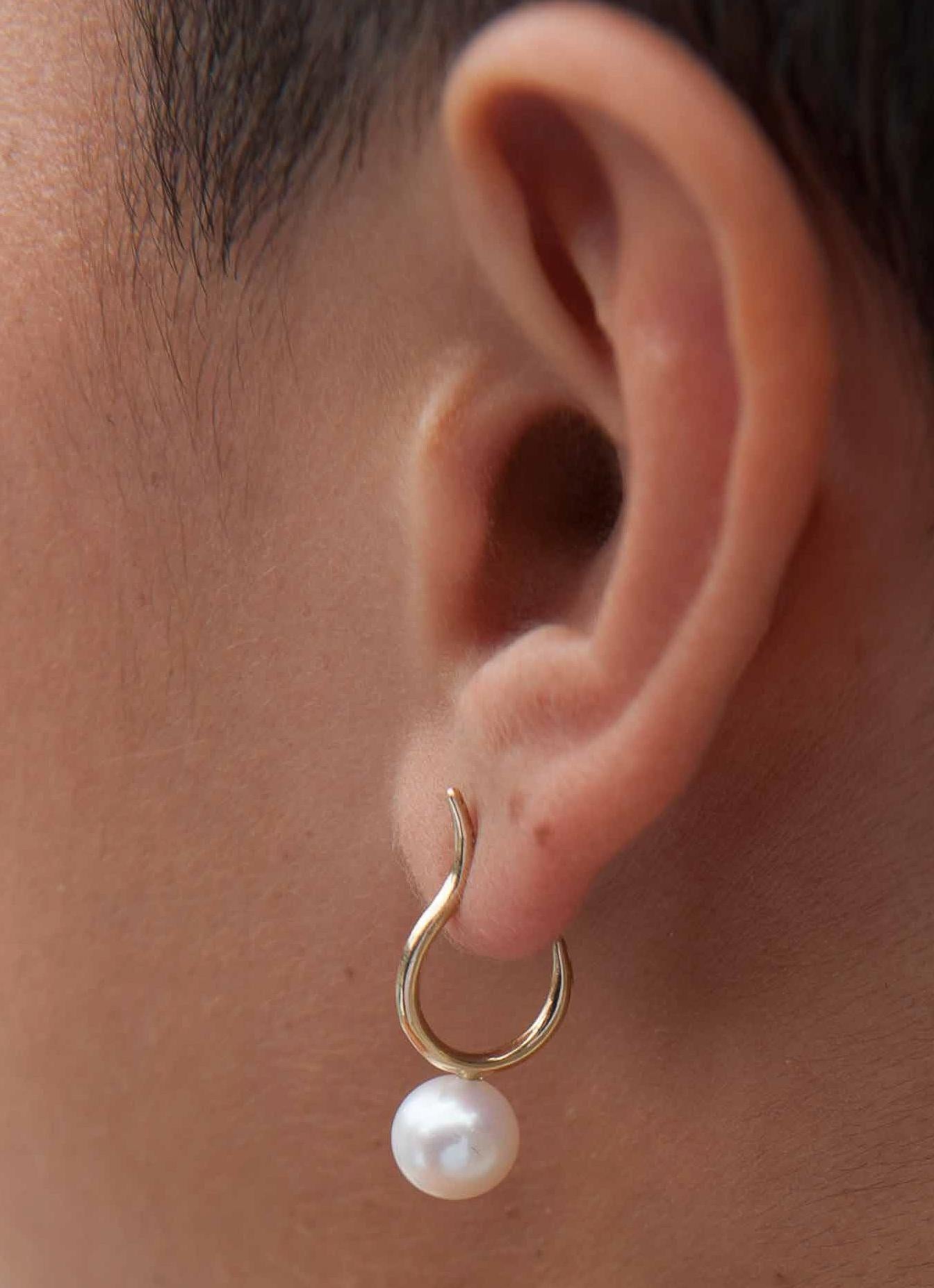 Contemporary Pink Pearl Moon Hoop Earrings For Sale