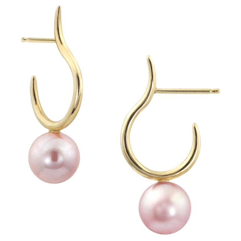 Pink Pearl Moon Hoop Earrings For Sale