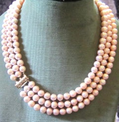 Pink Pearl Necklace Triple Strand 8mm 14 Karat Gold Clasp Antique Retro