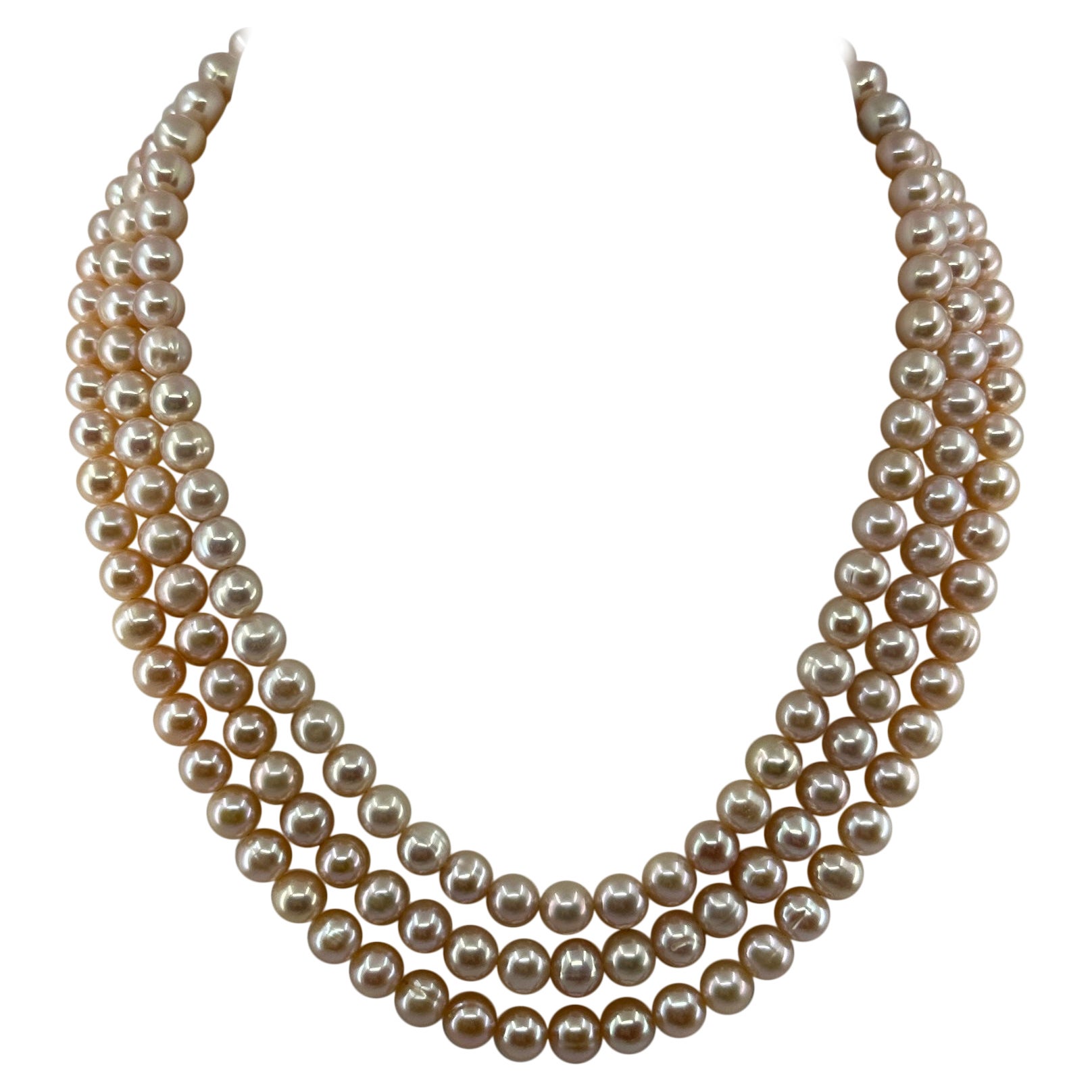 Collana di perle rosa a tre fili da 8 mm con chiusura in oro 14 kt Antique Retro