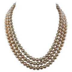 Pink Pearl Necklace Triple Strand 8mm 14 Karat Gold Clasp Antique Retro