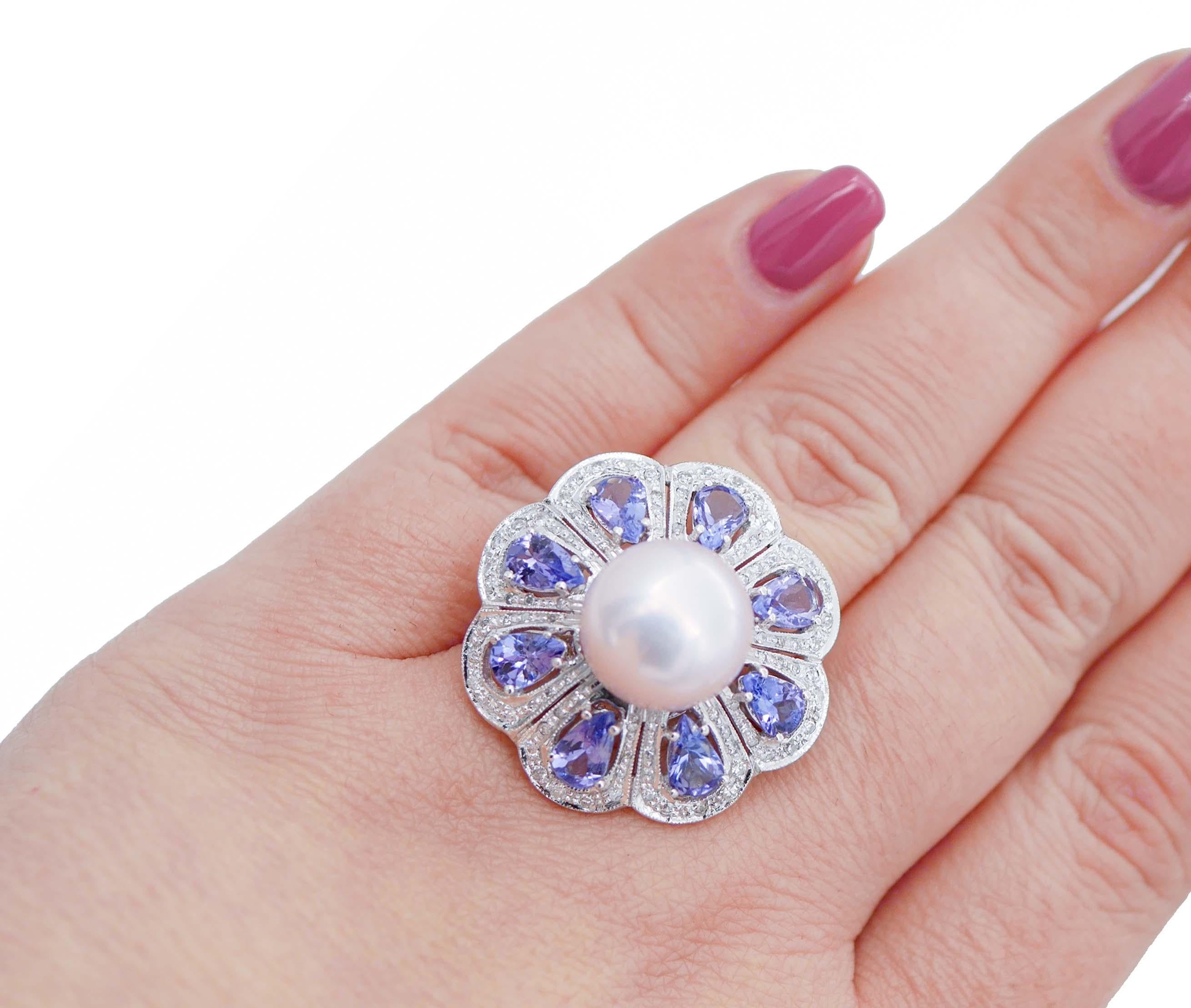 Pink Pearl, Tanzanite, Diamonds, Platinum and 14 Karat White Gold Ring In Good Condition For Sale In Marcianise, Marcianise (CE)