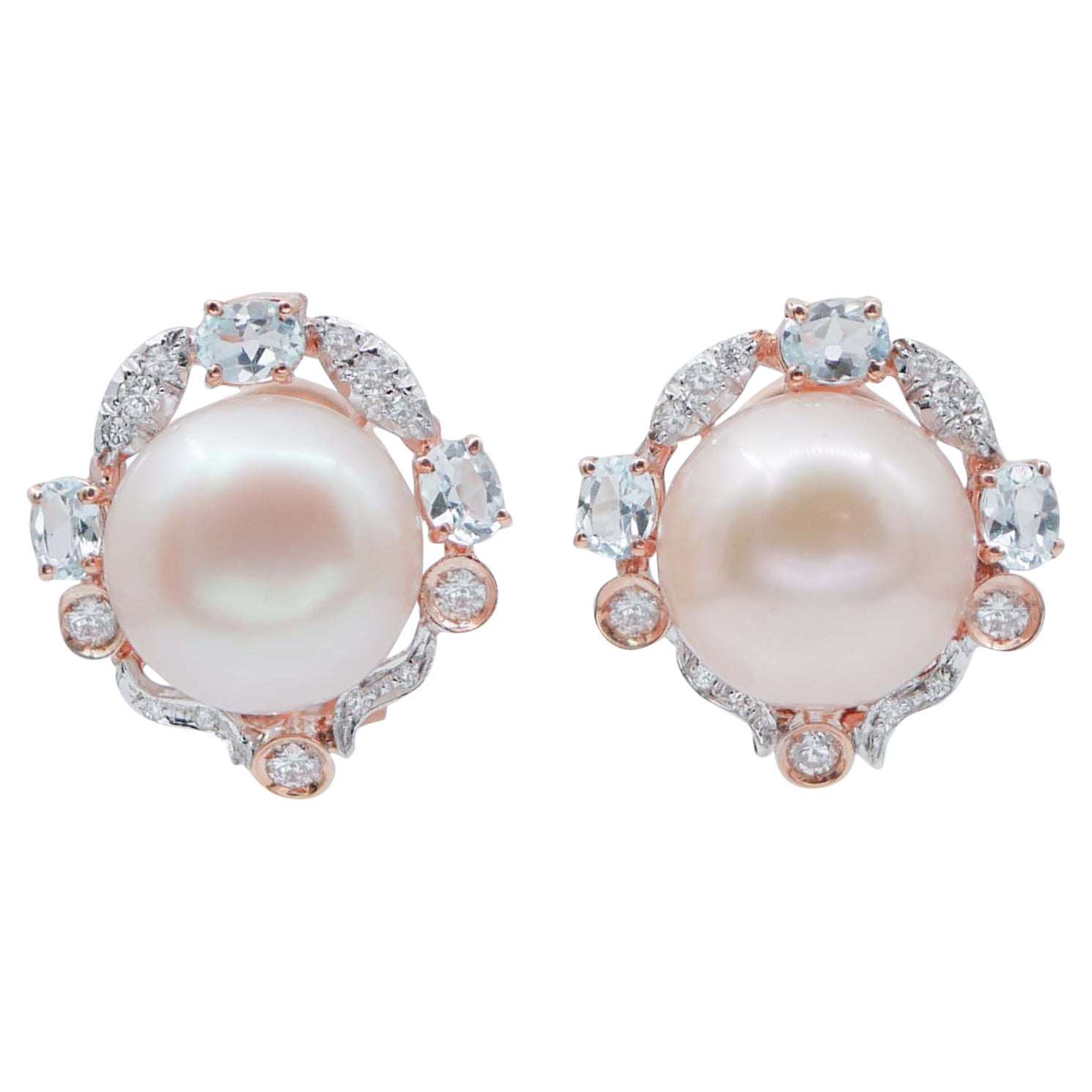 Pendientes de Perlas Rosas, Aguamarina, Diamantes, Oro Rosa y Blanco de 14 Kt.