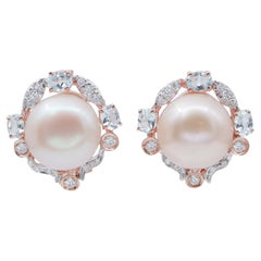 Pendientes de Perlas Rosas, Aguamarina, Diamantes, Oro Rosa y Blanco de 14 Kt.