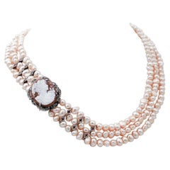 Pink Pearls, Diamonds, Emeralds, Topazs, Cameo, 9kt Rose Gold and Silver Necklace