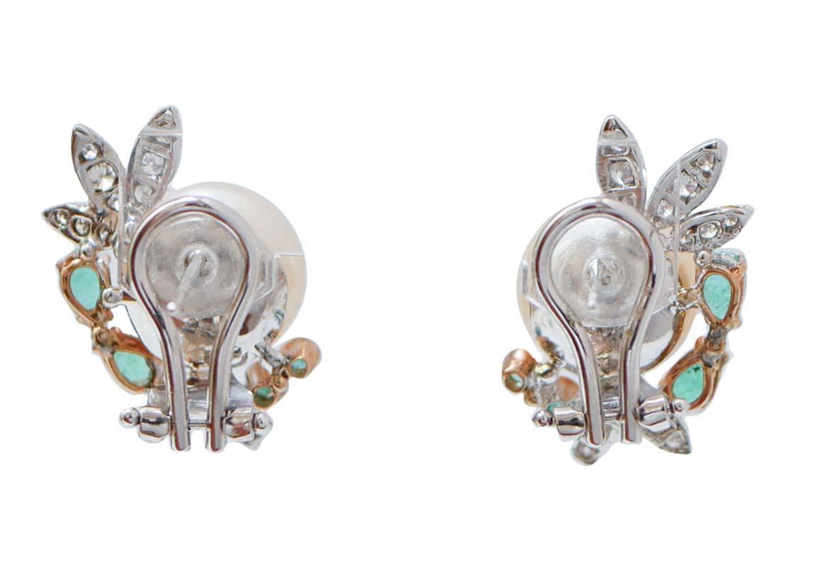 Retro Pink Pearls, Emeralds, Diamonds, 14 Karat White Gold Earrings.