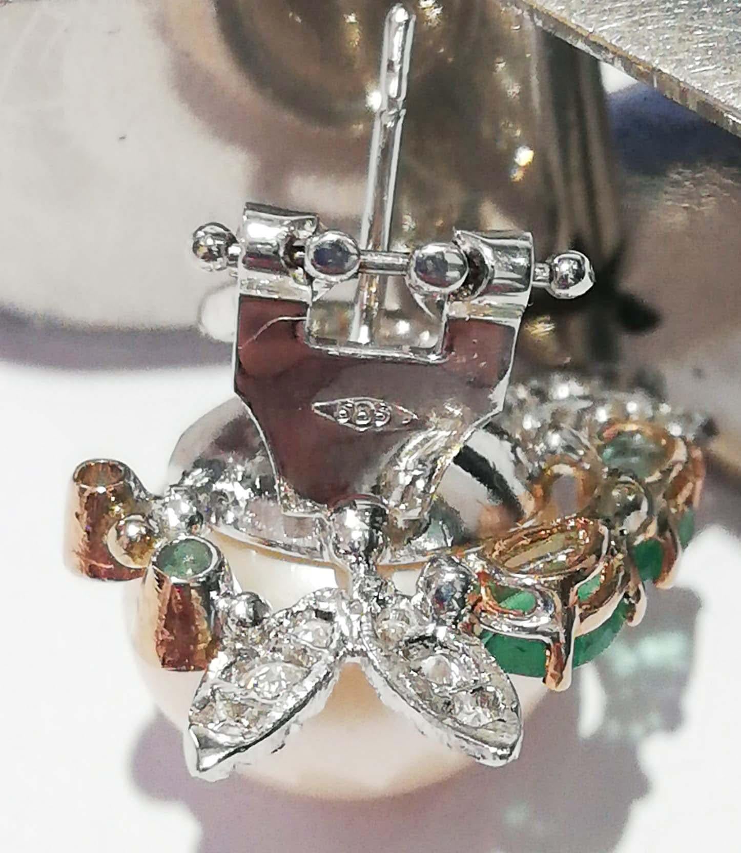 Women's Pink Pearls, Emeralds, Diamonds, 14 Karat White Gold Earrings.