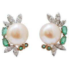 Pink Pearls, Emeralds, Diamonds, 14 Karat White Gold Earrings.
