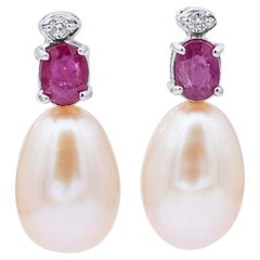 Pink Pearls, Rubies, Diamonds, 18 Karat White Gold Dangle Earrings