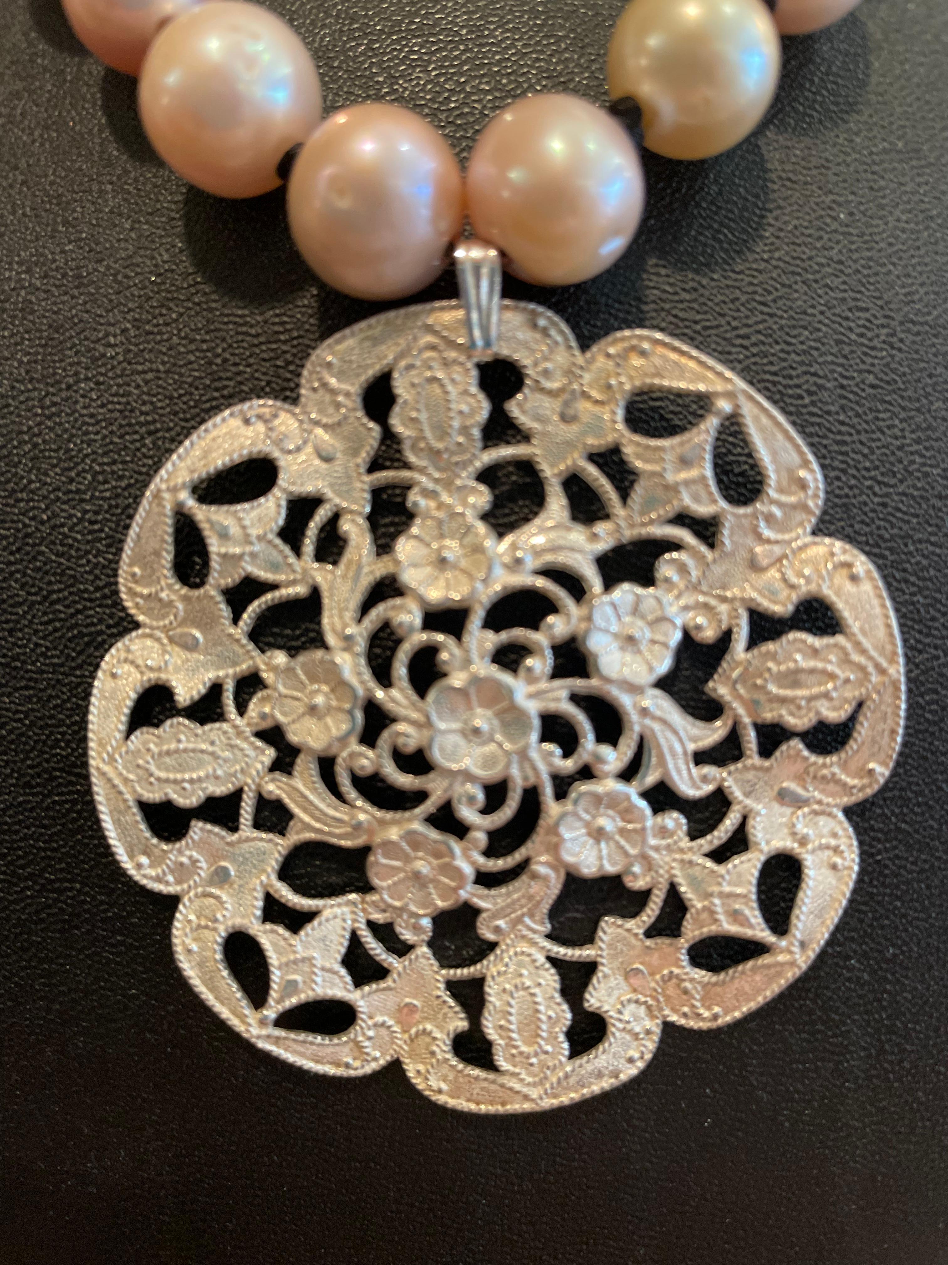 Bead Pink Pearls , vintage Sterling pendant, handmade, statement piece(Lorraine’s Bij For Sale