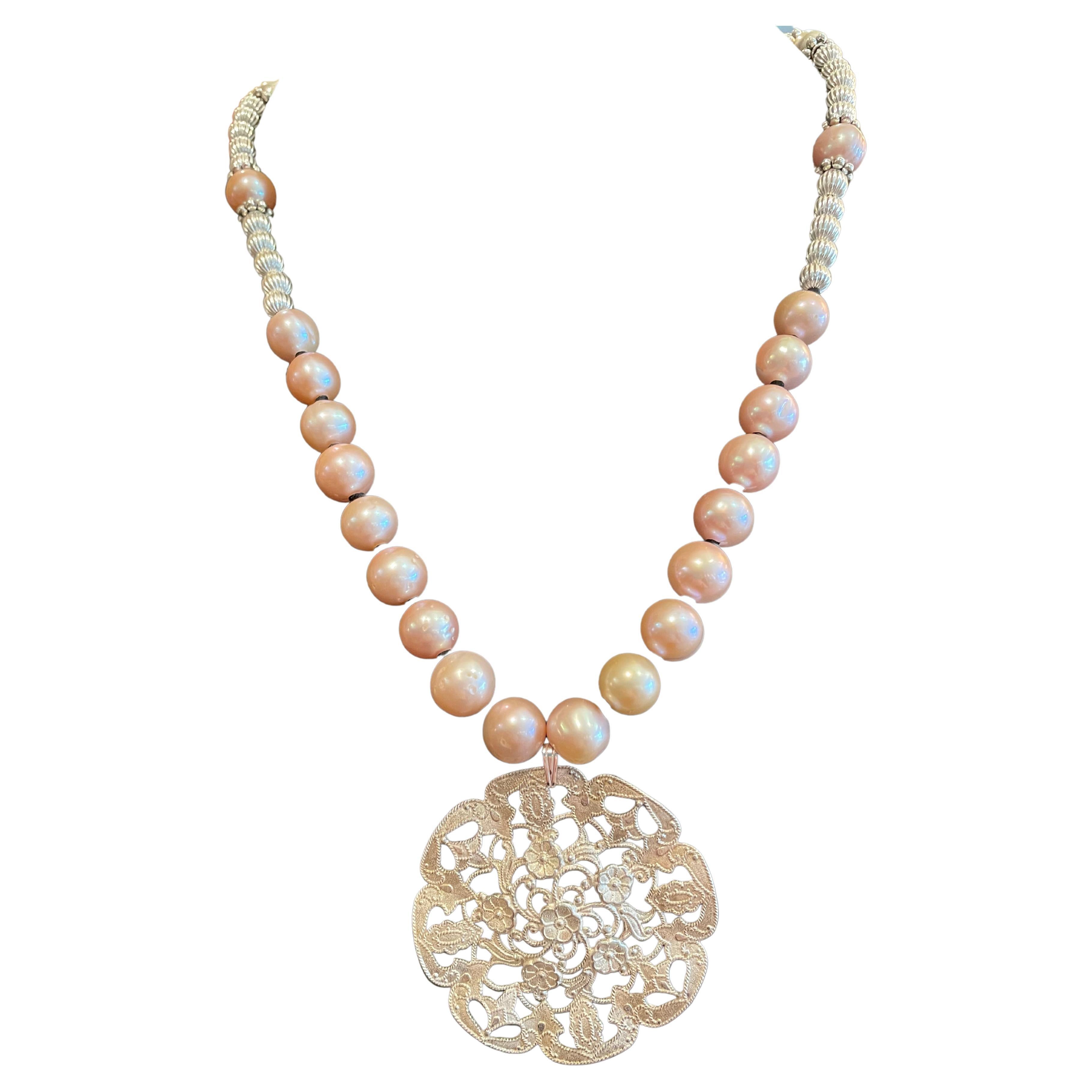 Pink Pearls , vintage Sterling pendant, handmade, statement piece(Lorraine’s Bij For Sale