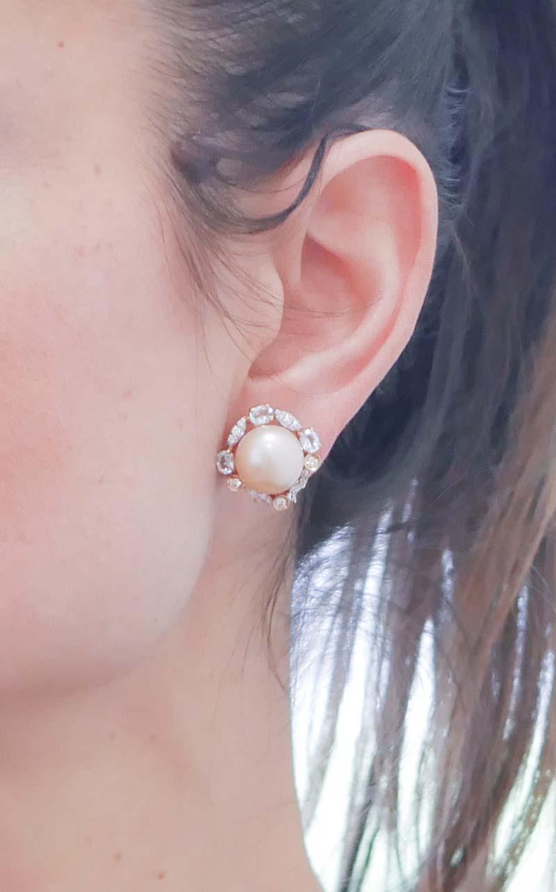 Mixed Cut Pink Pearls, Aquamarine, Diamonds, 14 Kt Rose and White Gold Earrings.