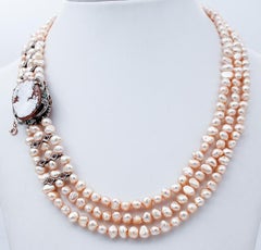 Pink Pearls, Diamonds, Emeralds, Topazs, Cameo, 9kt Rose Gold and Silver Necklace