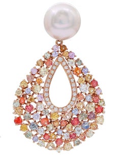 Pink Pearls, Tanzanite, Multicolor Sapphires, Diamonds, 14 Kt Rose Gold Earrings