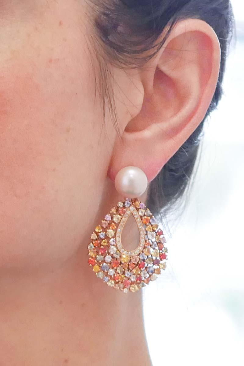 Pink Pearls, Tanzanite, Multicolor Sapphires, Diamonds, 14 Kt Rose Gold Earrings In Good Condition For Sale In Marcianise, Marcianise (CE)