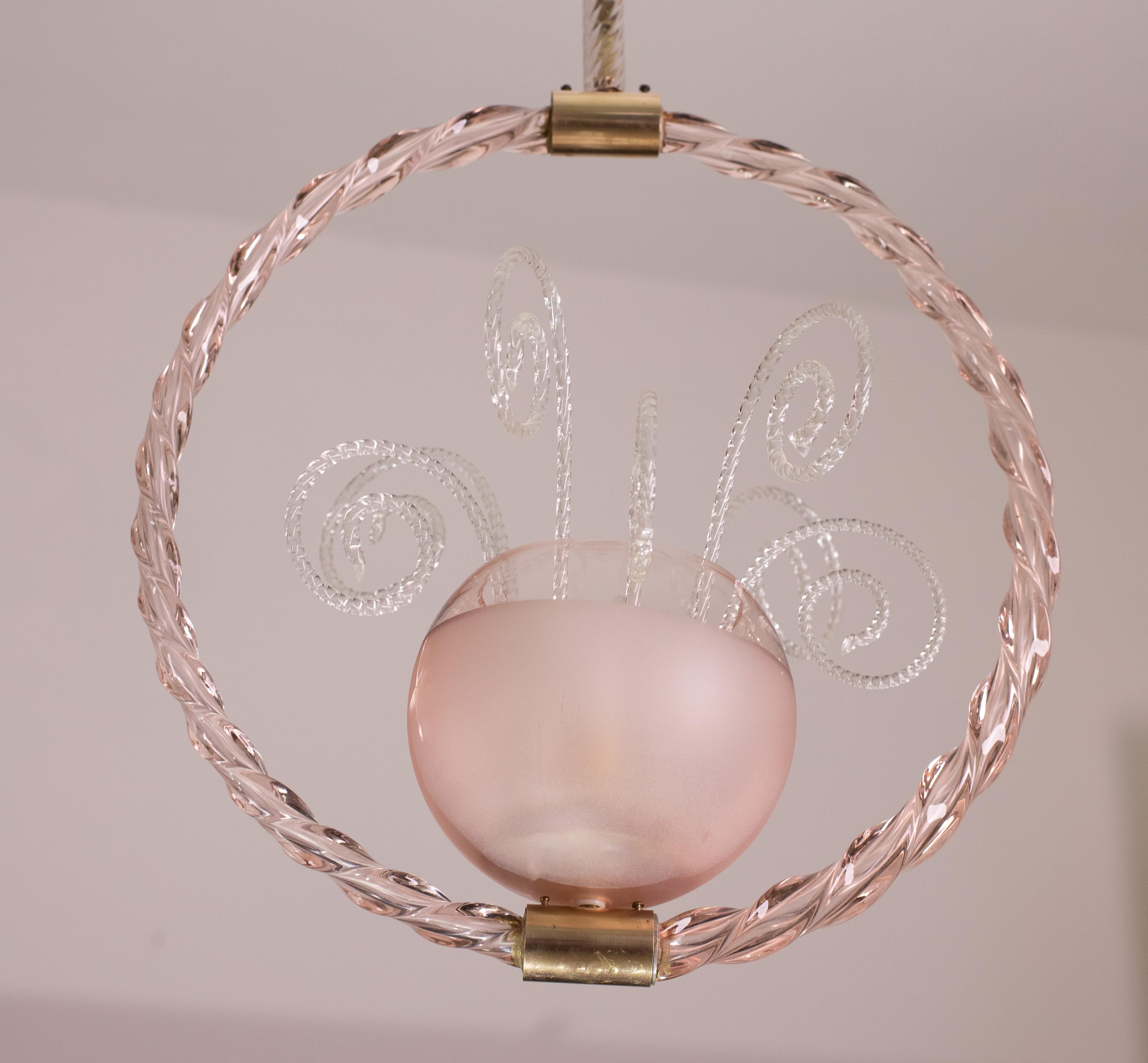 Pink Pendant Art Deco Barovier and Toso Chandelier Glass Murano, 1940 For Sale 5