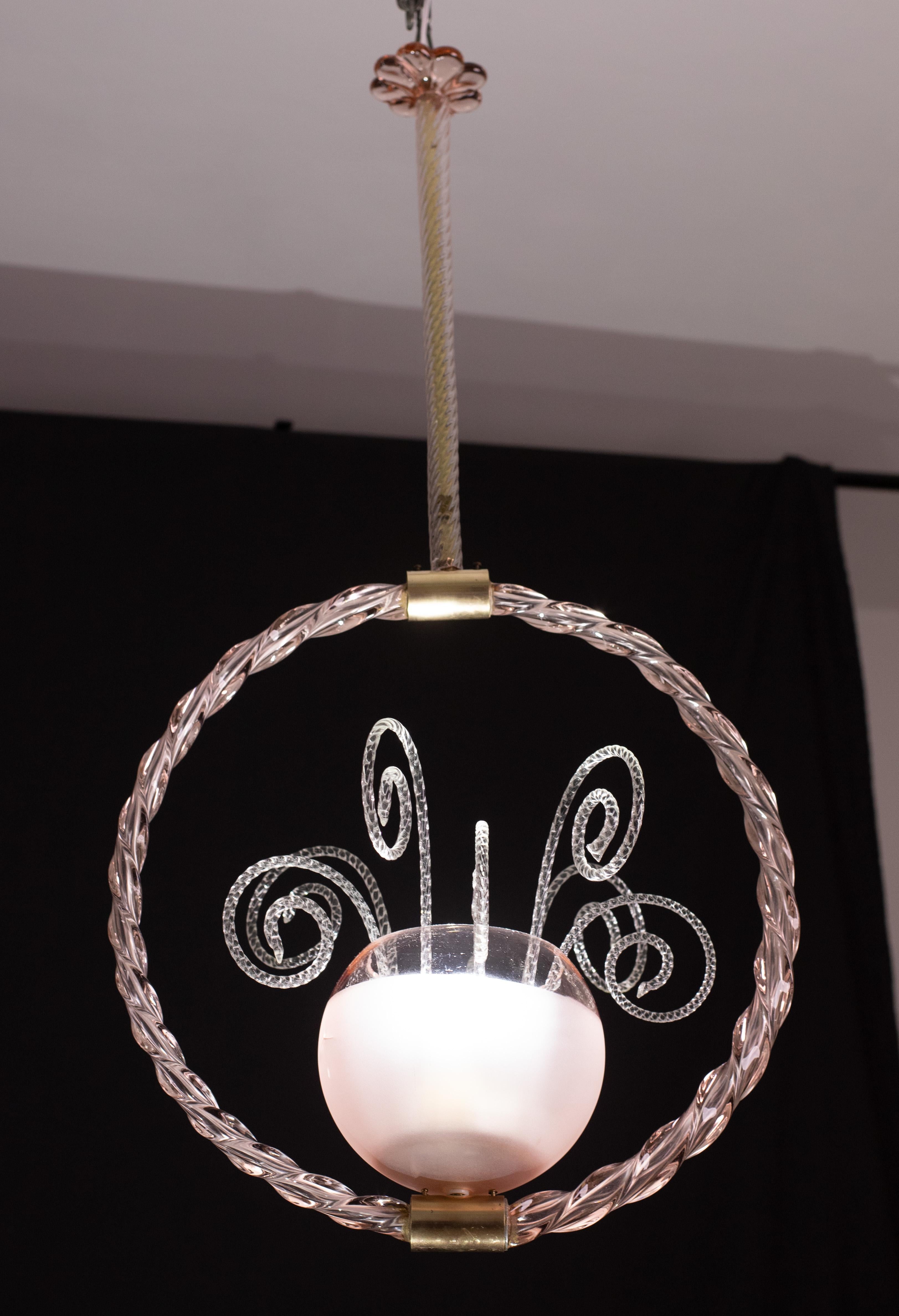 Pink Pendant Art Deco Barovier and Toso Chandelier Glass Murano, 1940 For Sale 6