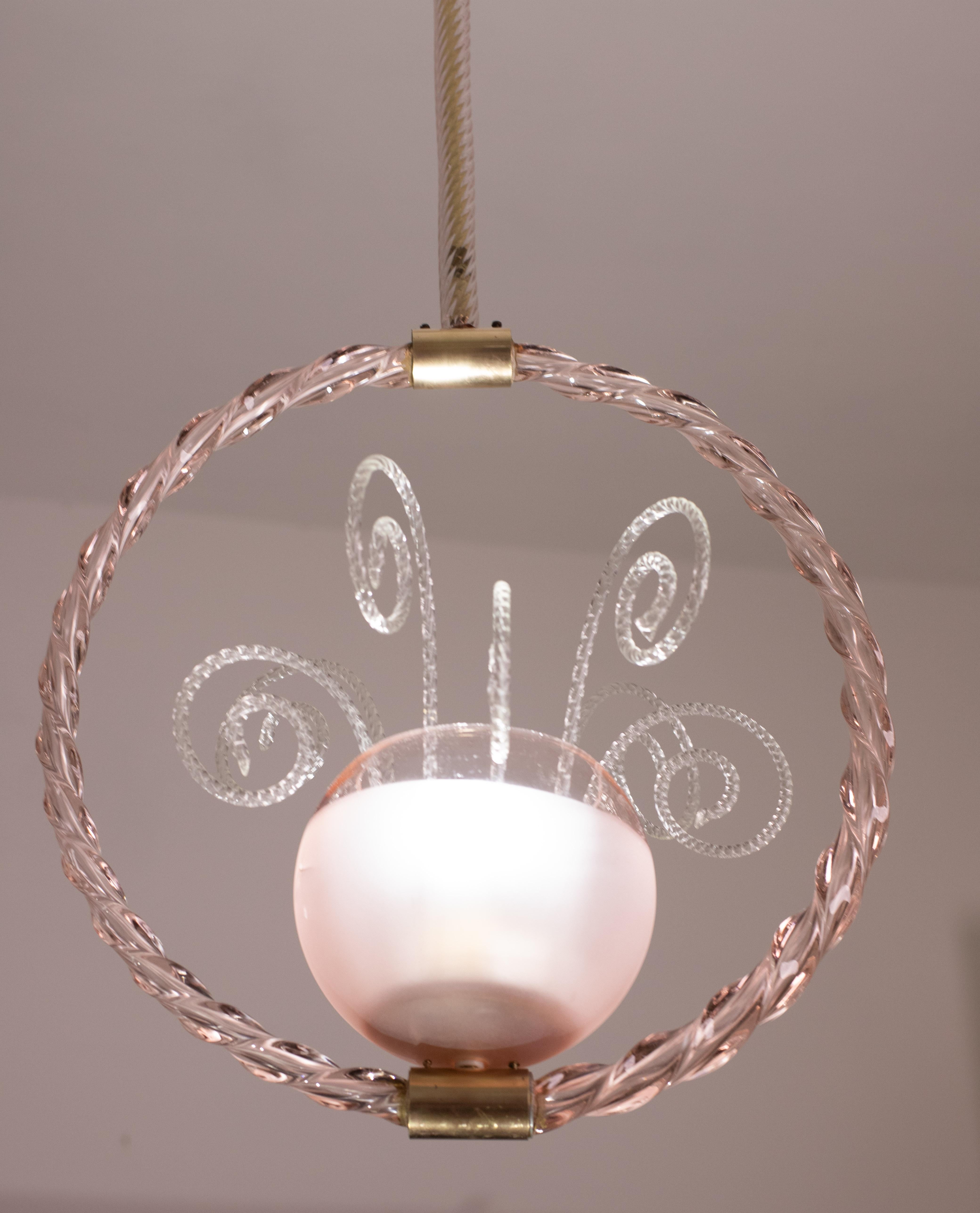 Mid-20th Century Pink Pendant Art Deco Barovier and Toso Chandelier Glass Murano, 1940 For Sale