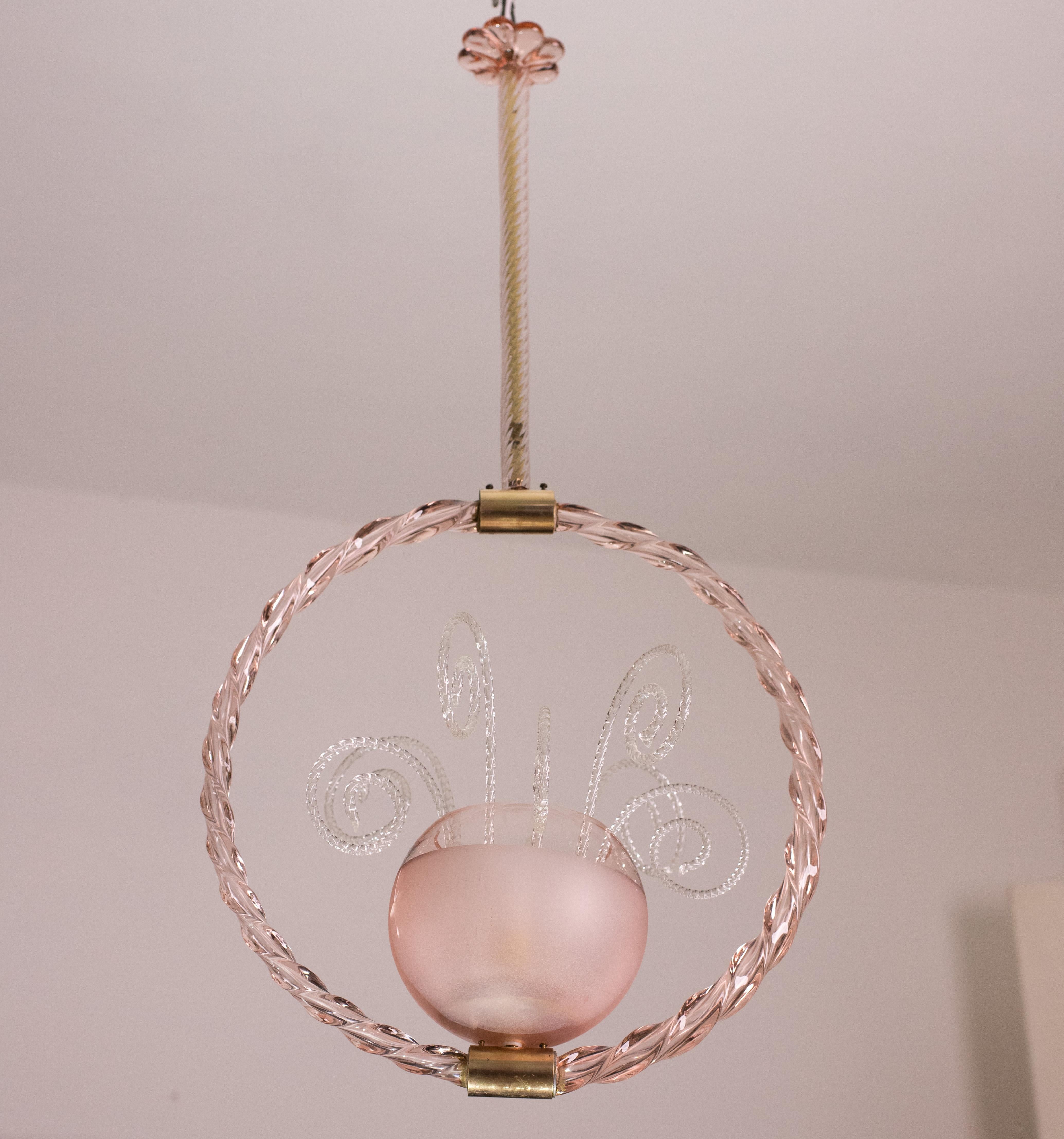 Murano Glass Pink Pendant Art Deco Barovier and Toso Chandelier Glass Murano, 1940 For Sale