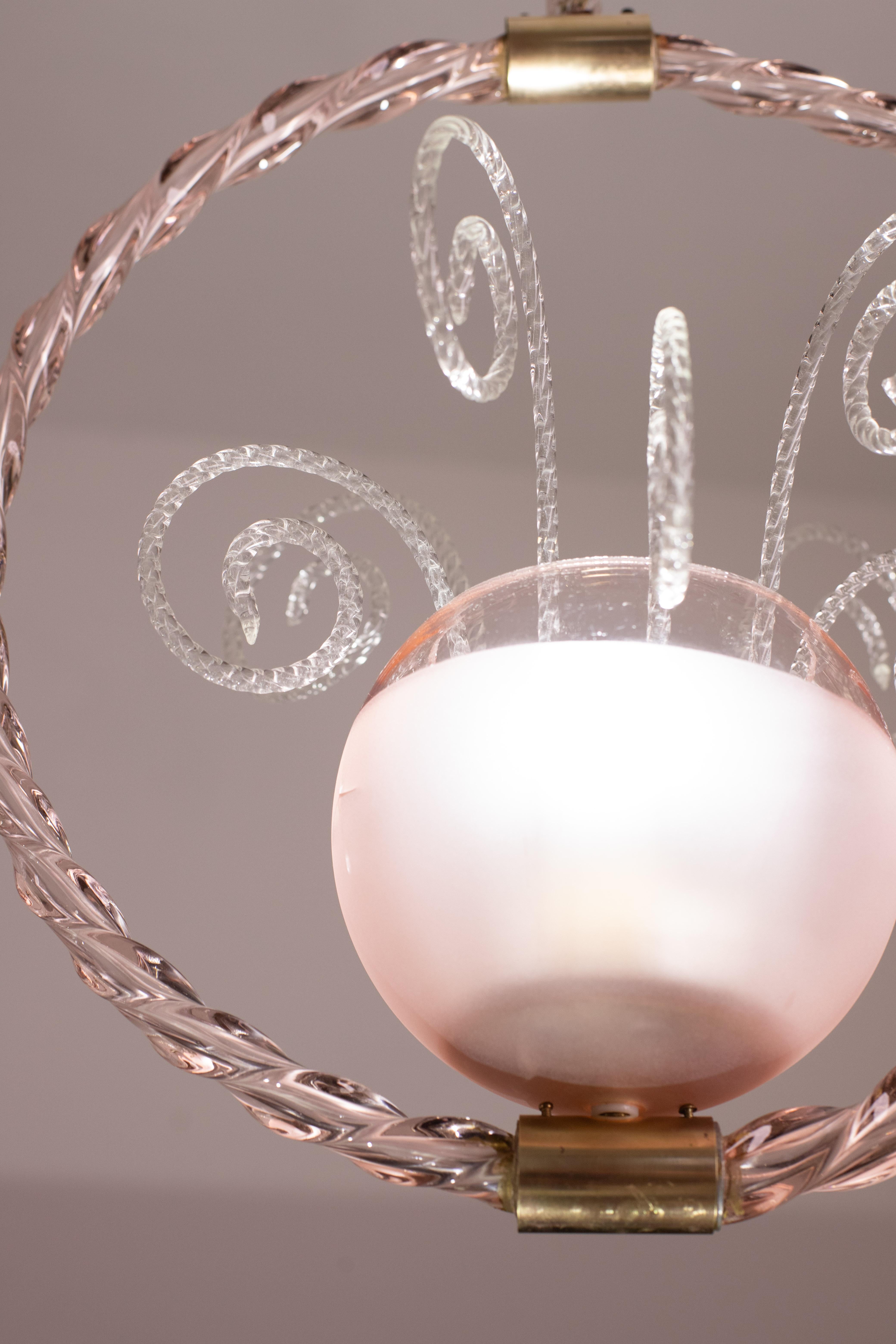 Pink Pendant Art Deco Barovier and Toso Chandelier Glass Murano, 1940 For Sale 1