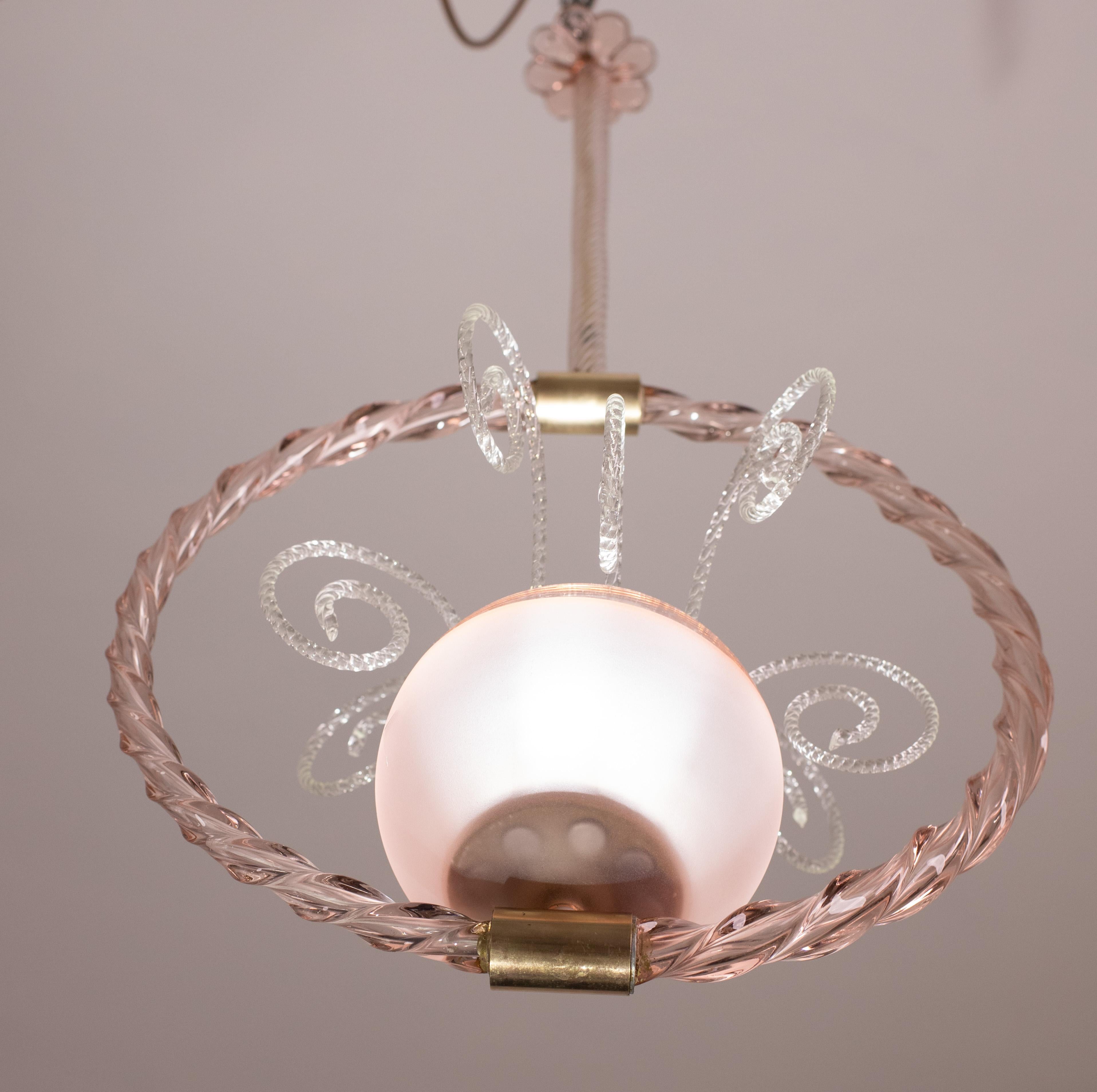 Pink Pendant Art Deco Barovier and Toso Chandelier Glass Murano, 1940 For Sale 2