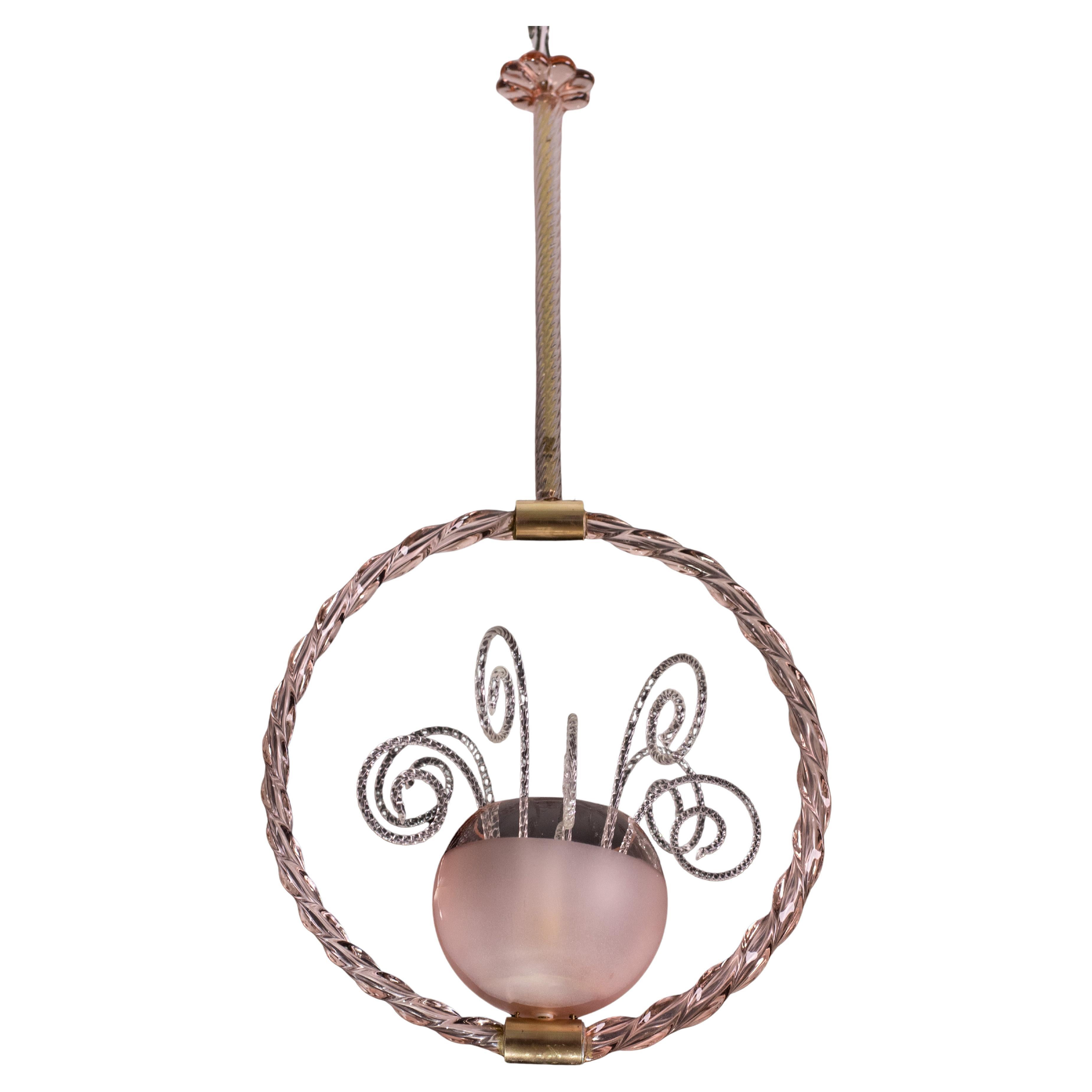 Pink Pendant Art Deco Barovier and Toso Chandelier Glass Murano, 1940 For Sale
