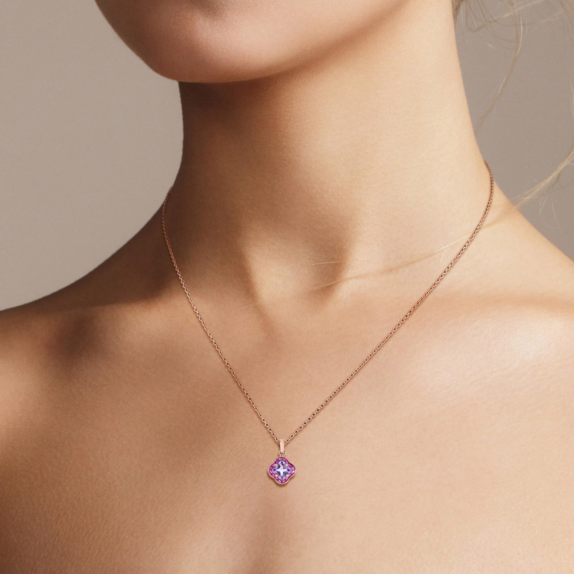 Pink Perfection Lily Cut Pink Amethyst and Ruby Pendant Necklace in 9K Rose Gold For Sale 3
