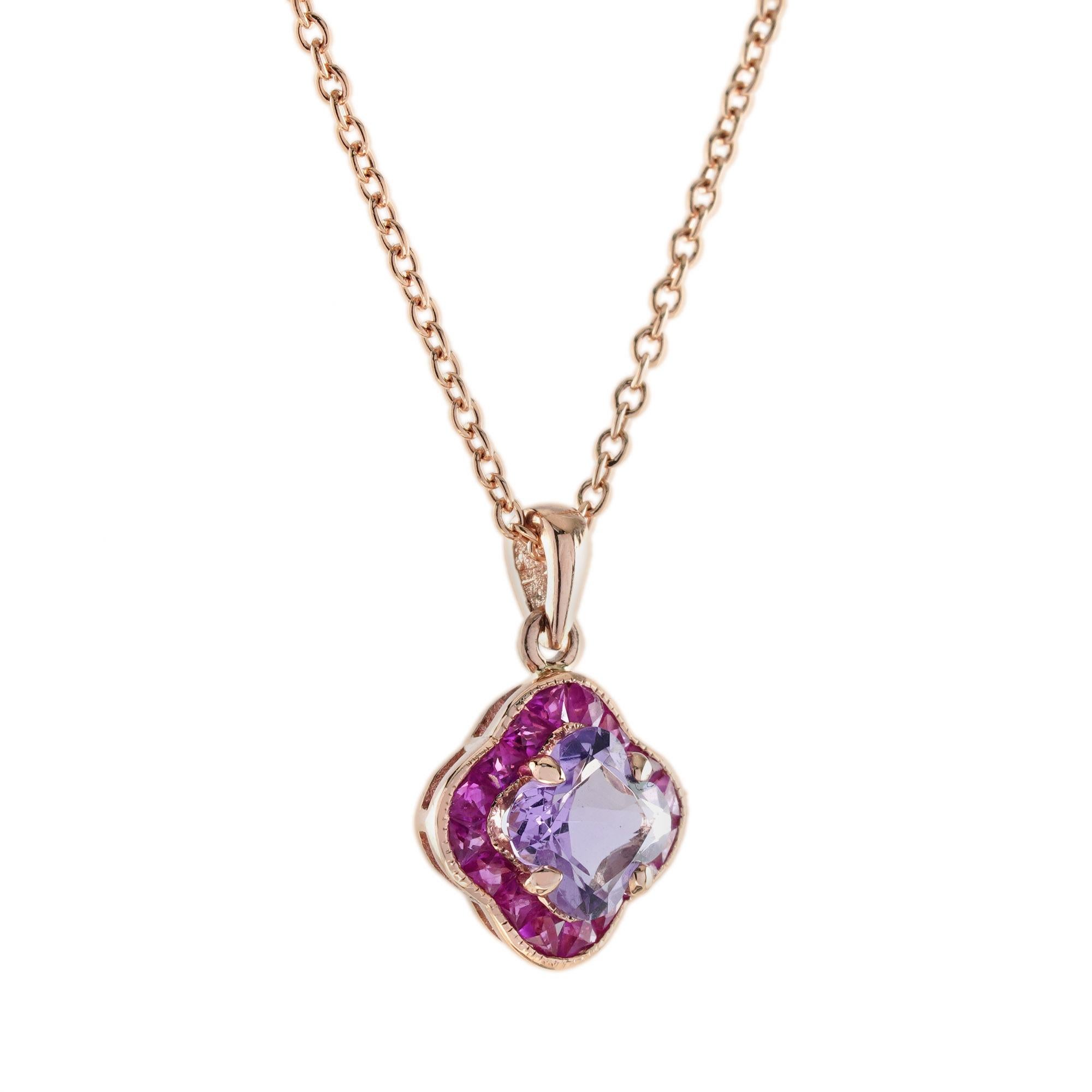 Pink Perfection Lily Cut Pink Amethyst and Ruby Pendant Necklace in 9K Rose Gold In New Condition For Sale In Bangkok, TH