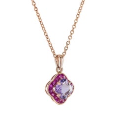 Lily Cut Pink Amethyst and Ruby Halo Pendant Necklace in 14K Rose Gold