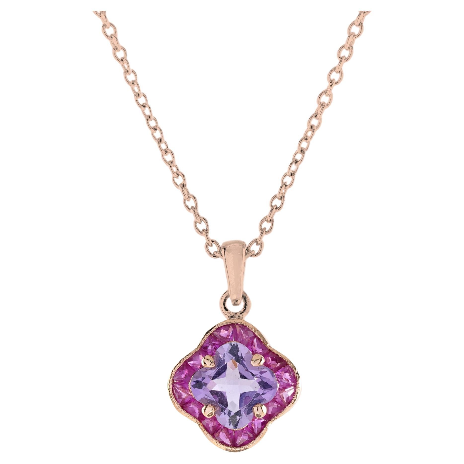 Pink Perfection Lily Cut Pink Amethyst and Ruby Pendant Necklace in 9K Rose Gold For Sale