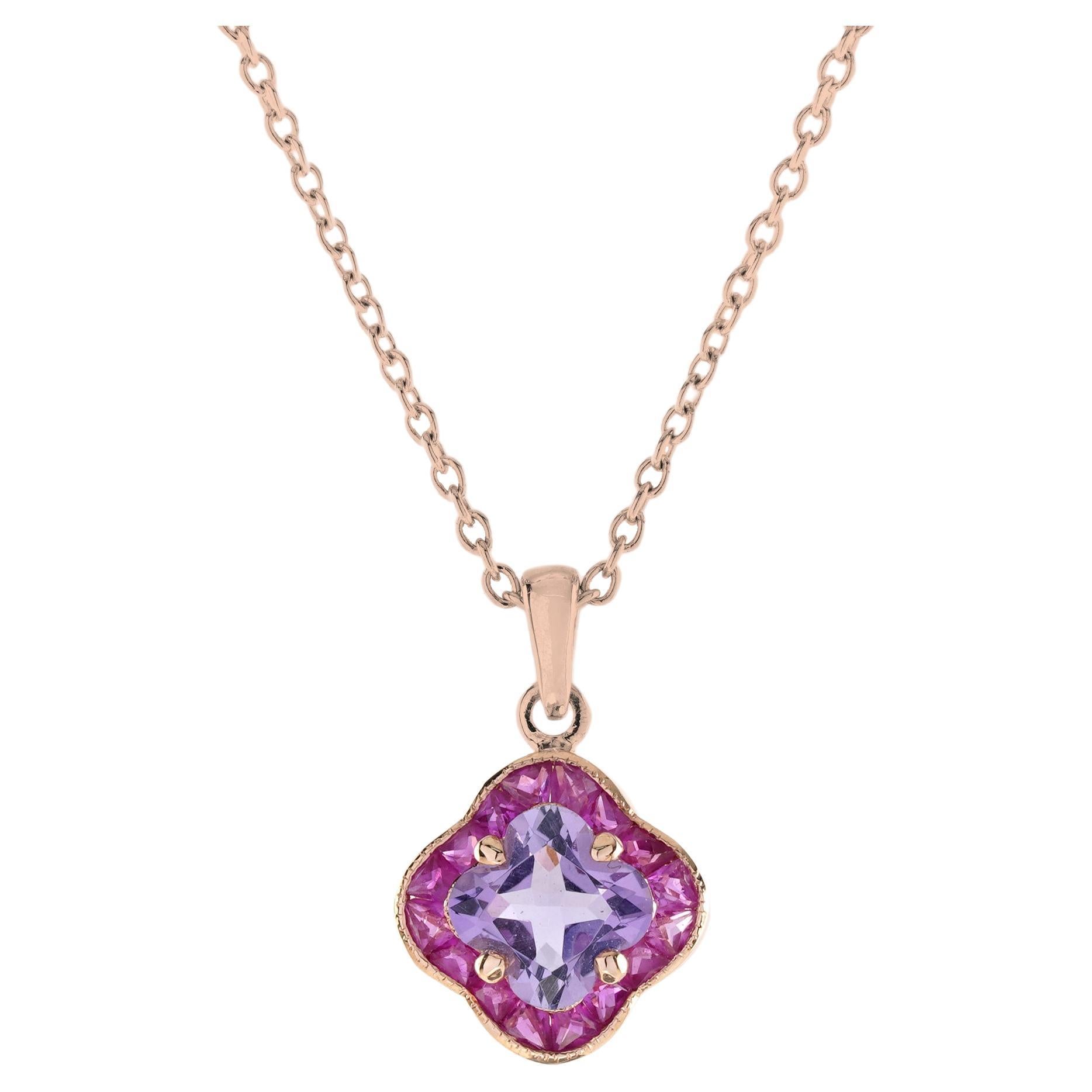 Collier pendentif Perfection rose taille nénuphar en or rose 9 carats avec améthyste rose et rubis