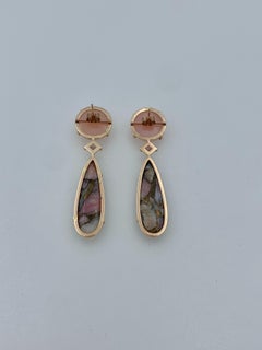 Pink Peruvian Opal Cabochon, Tourmaline and Copper Opal Drop Earrings