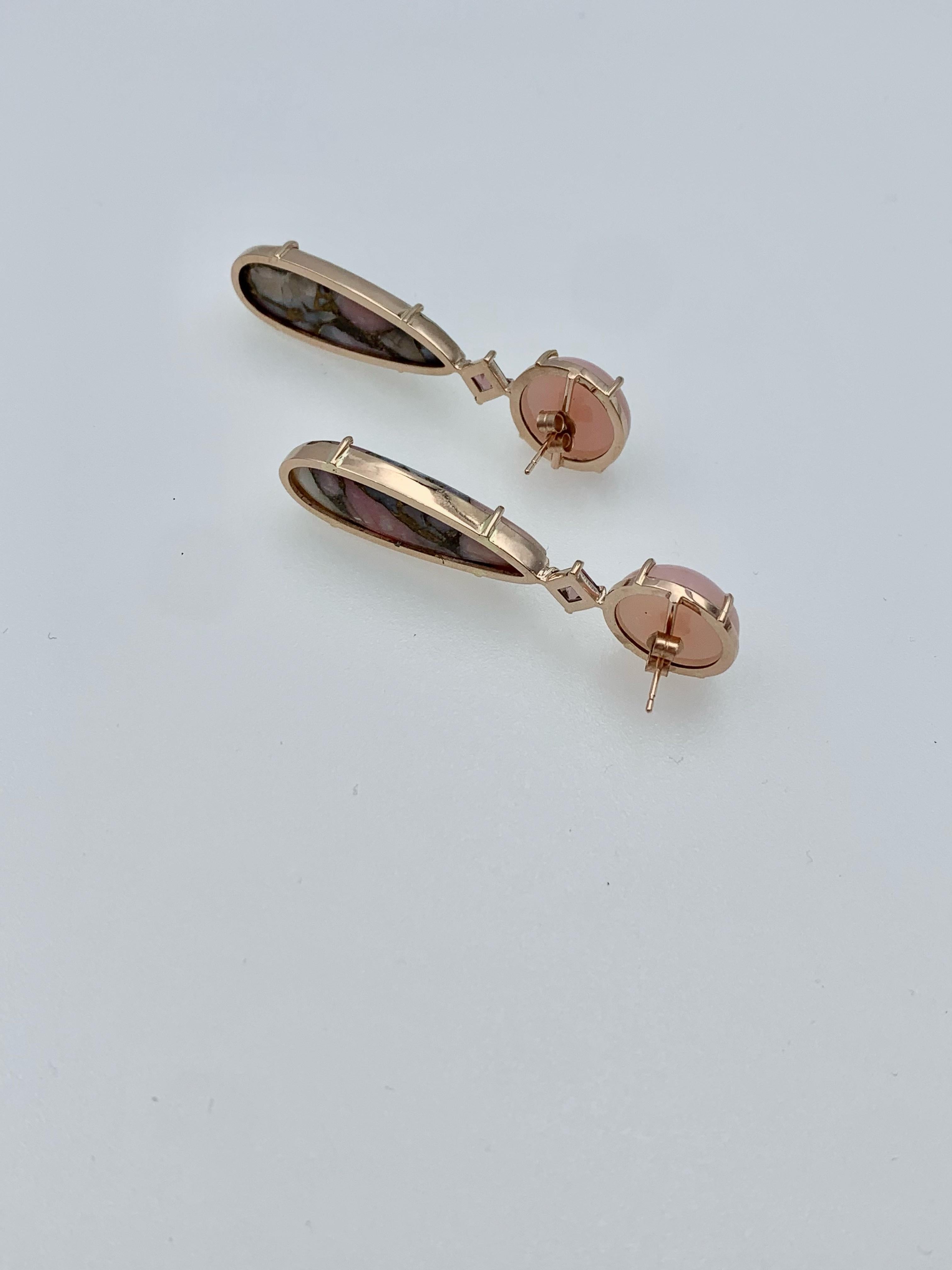 Contemporain Boucles d'oreilles en goutte en opale péruvienne rose cabochon, tourmaline et opale cuivrée en vente