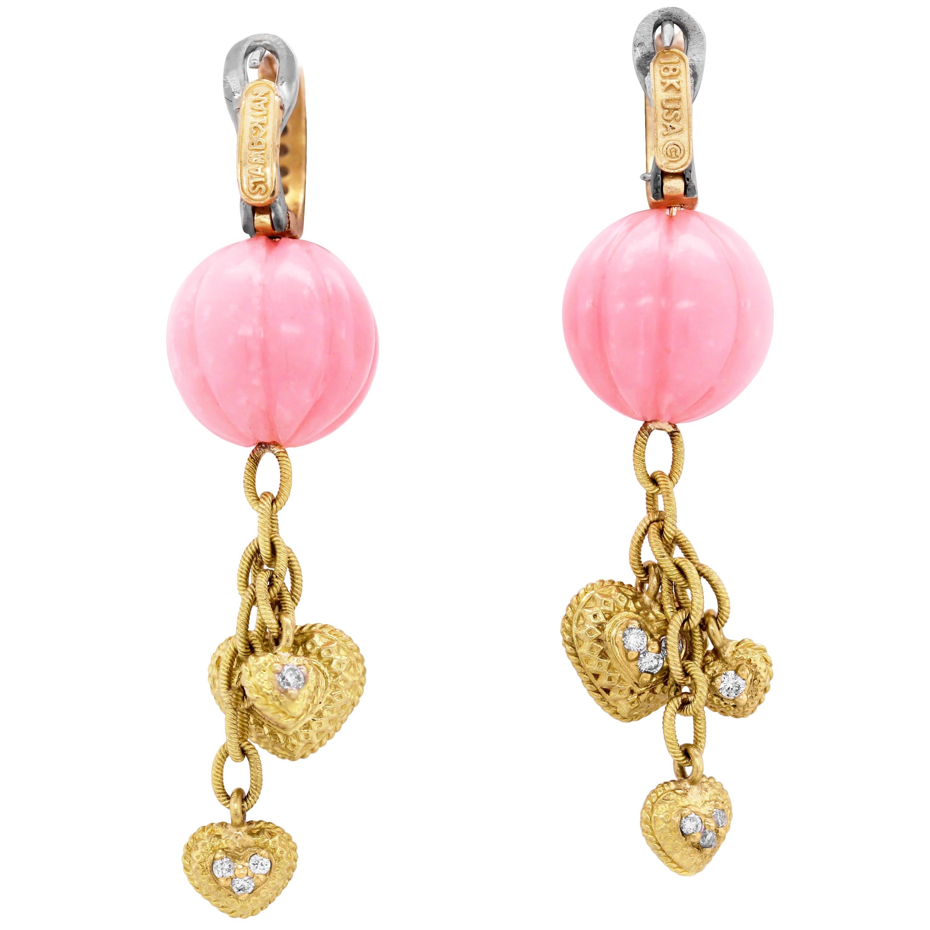 Pink Peruvian Opal Gold and Diamond Drop Earrings with Dangling Hearts In New Condition In Boca Raton, FL