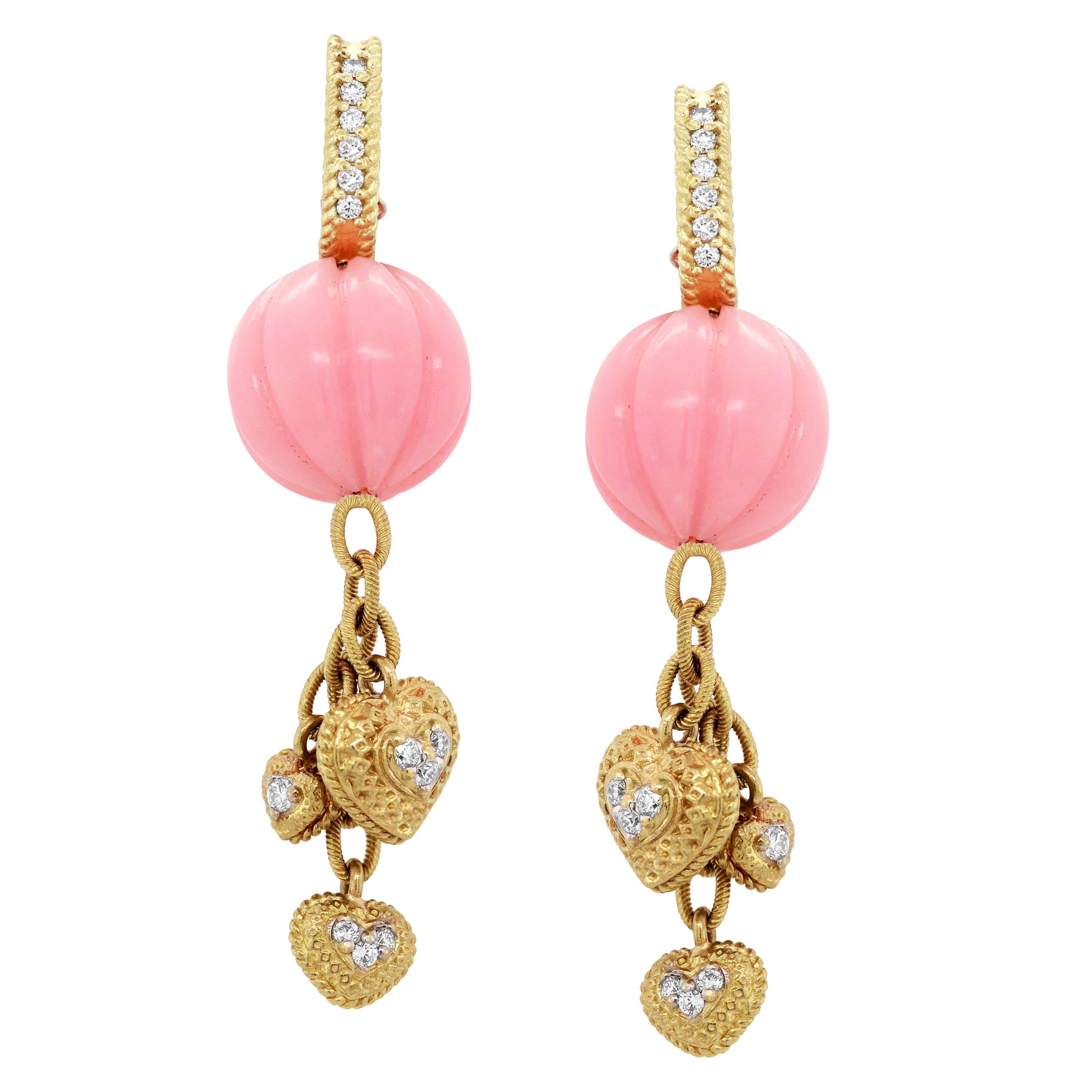 Pink Peruvian Opal Gold and Diamond Drop Earrings with Dangling Hearts