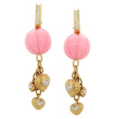 Pink Peruvian Opal Gold and Diamond Drop Earrings with Dangling Hearts