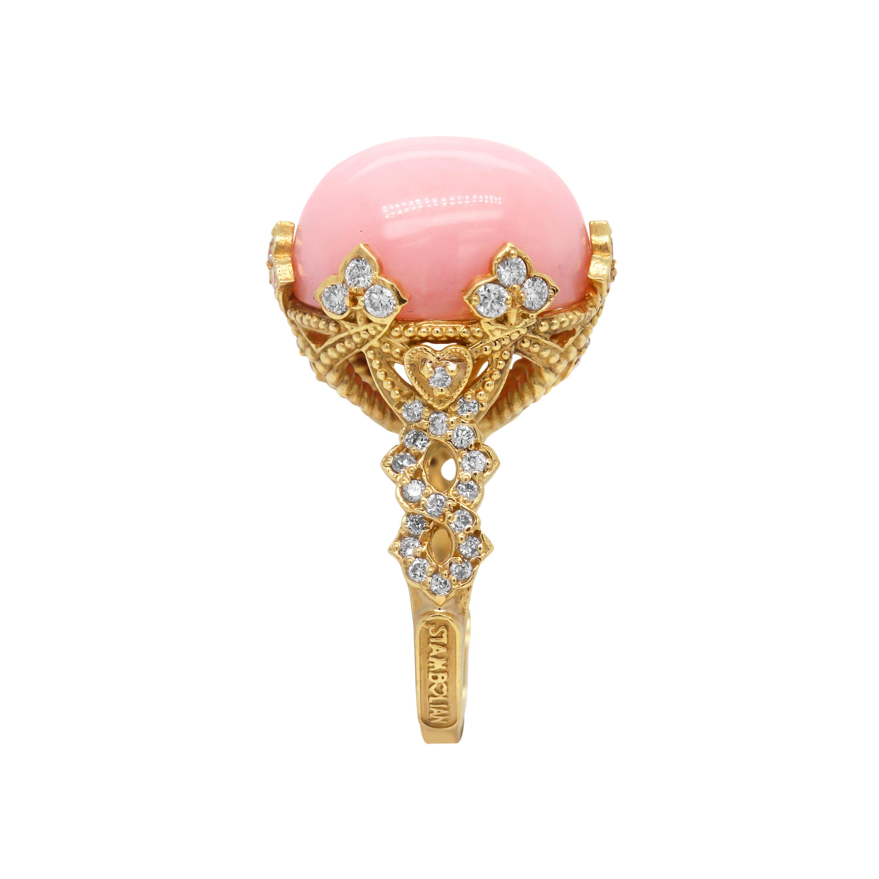 Pink Peruvian Opal Yellow Gold and Diamond Cocktail Ring Stambolian at ...