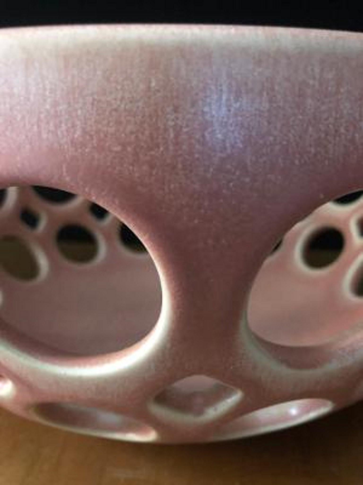 Mid-Century Modern Pink Pierced Ceramic Tabletop Bowl, in Stock
