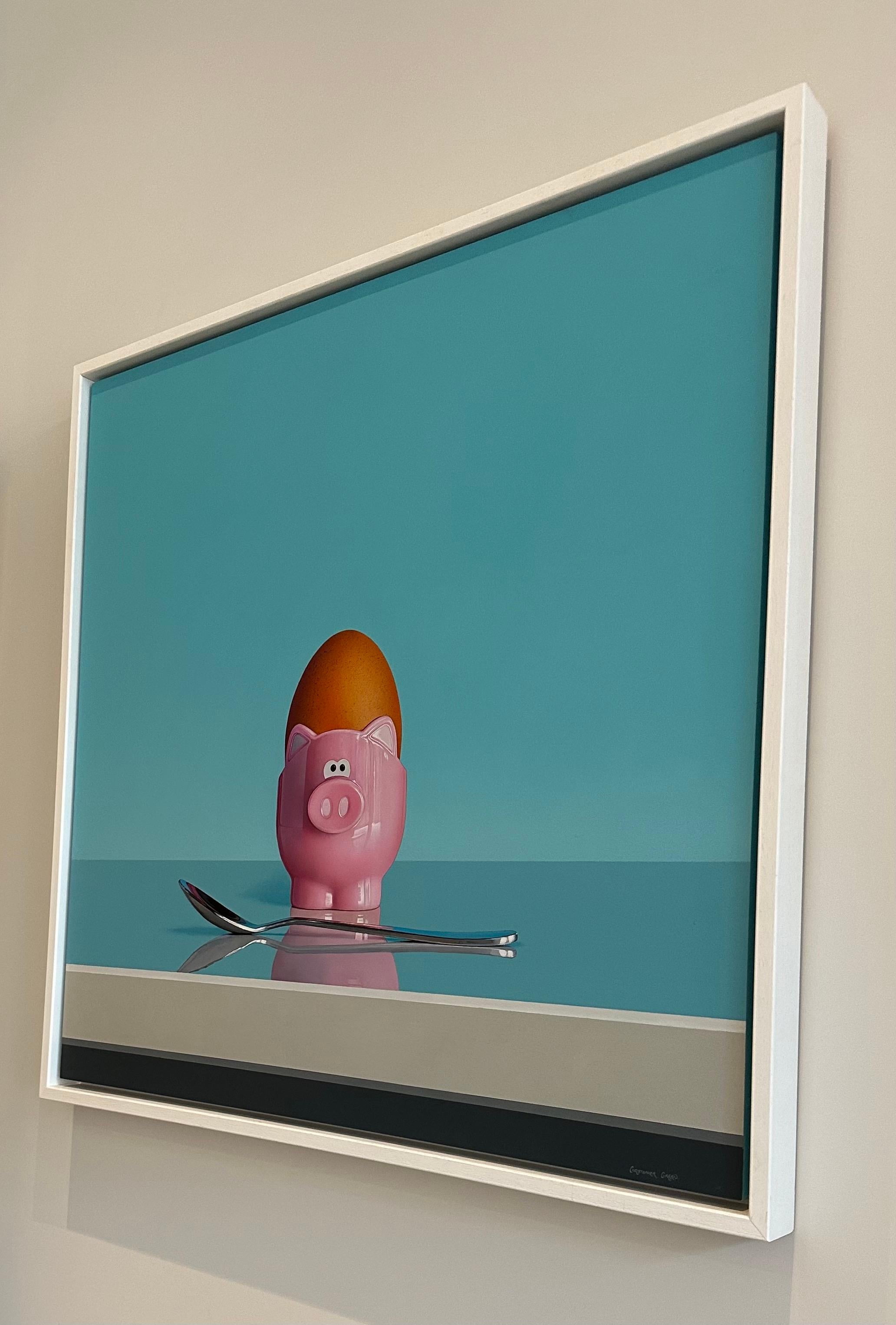 Pink Pig Egg Cup & Silver Spoon Oil on Board Still Life by Christopher Green For Sale 4