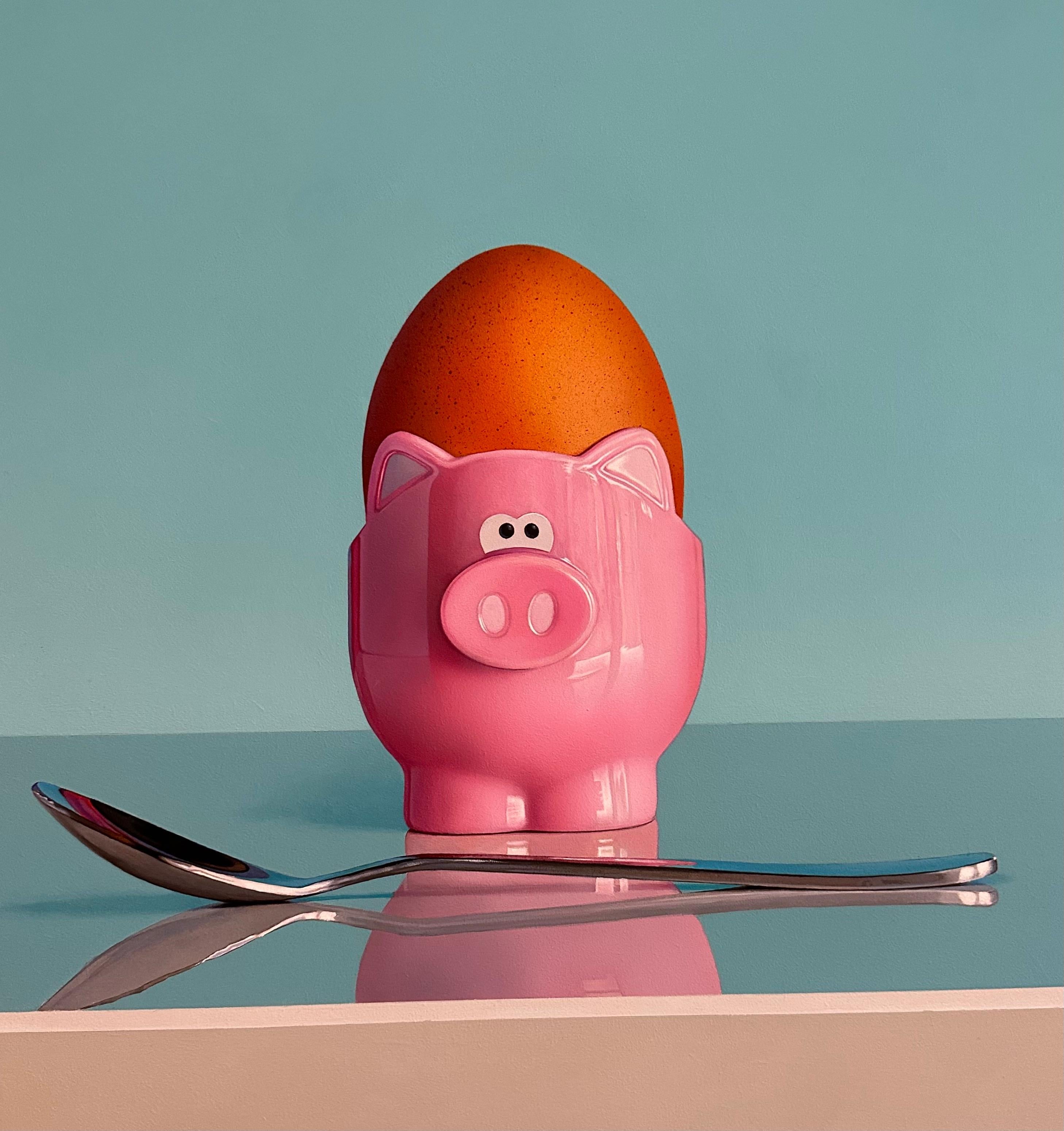 Pink Pig Egg Cup & Silver Spoon Oil on Board Still Life by Christopher Green 5