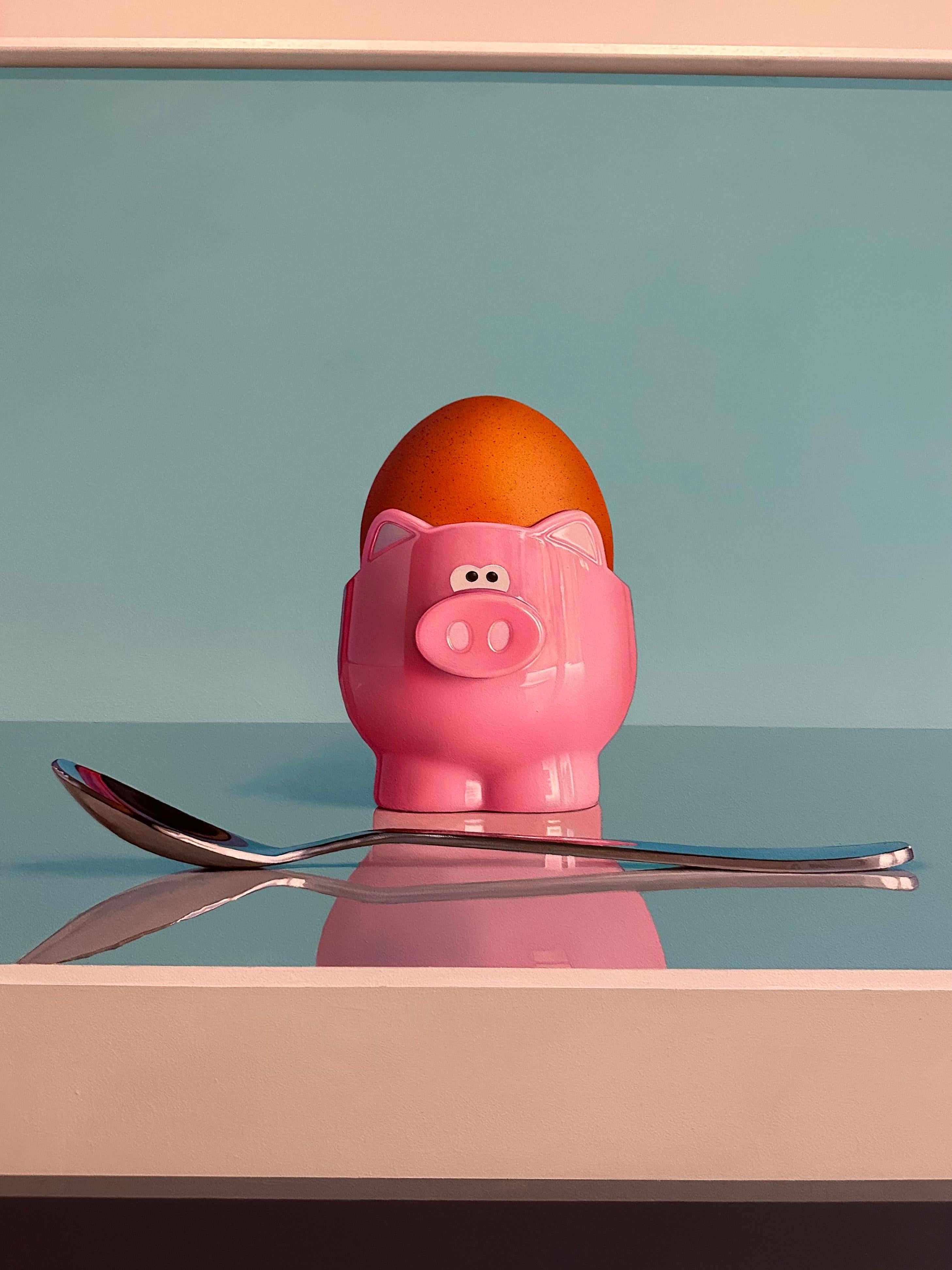 Pink Pig Egg Cup & Silver Spoon Oil on Board Still Life by Christopher Green For Sale 7