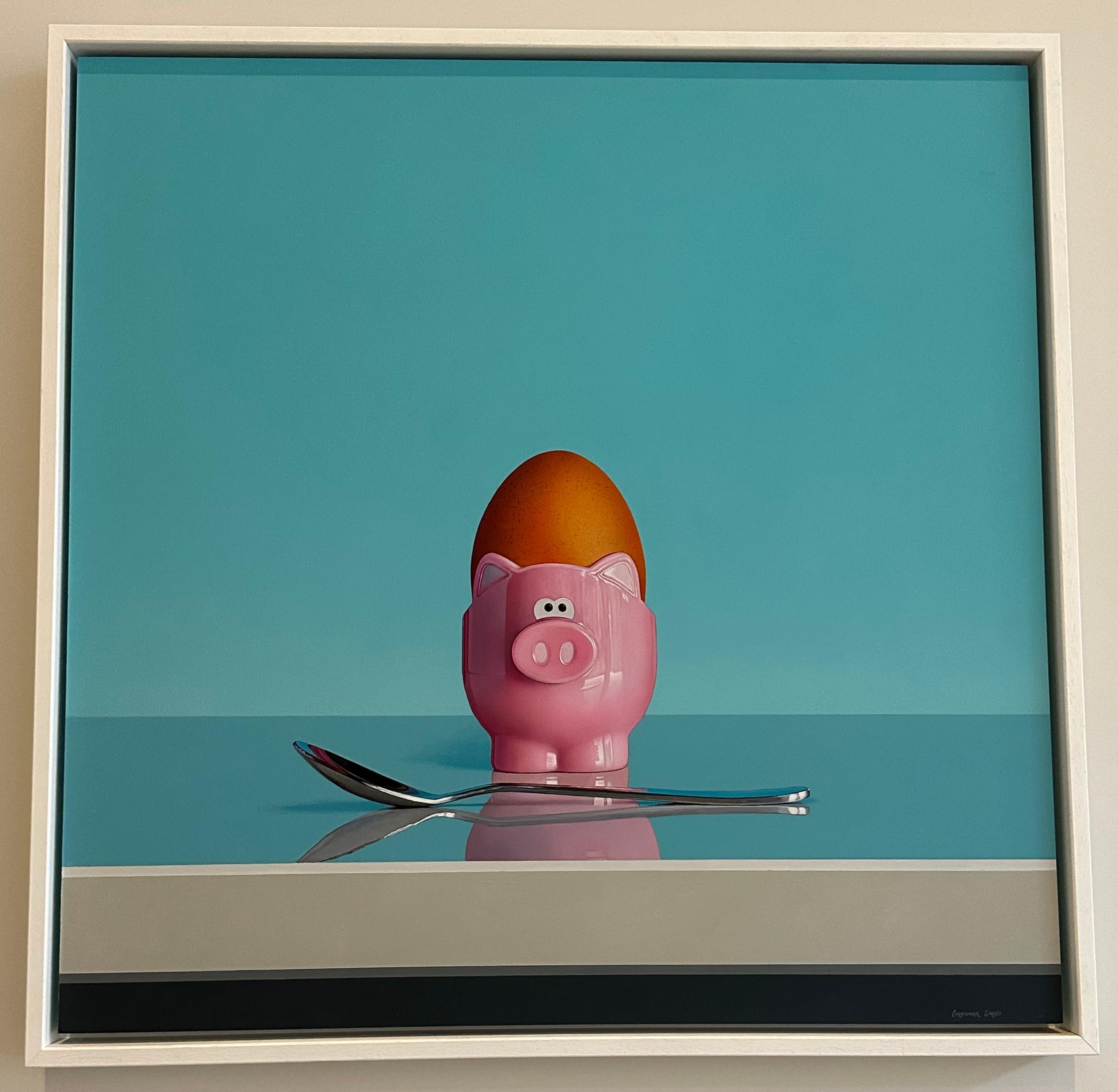 Other Pink Pig Egg Cup & Silver Spoon Oil on Board Still Life by Christopher Green