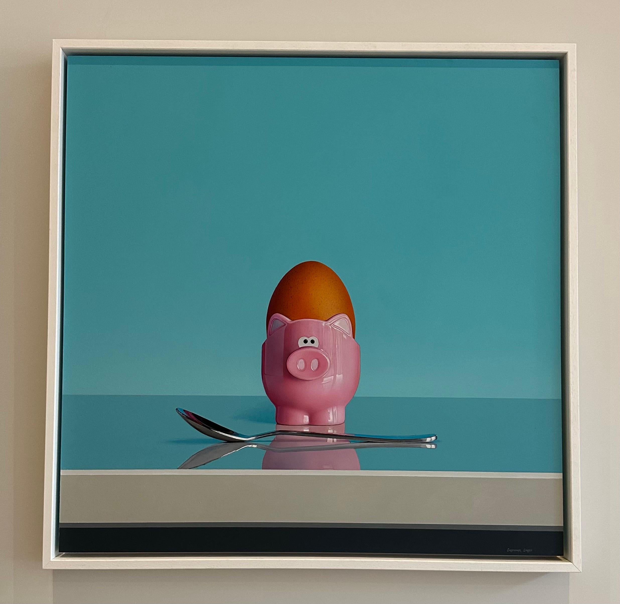 British Pink Pig Egg Cup & Silver Spoon Oil on Board Still Life by Christopher Green For Sale