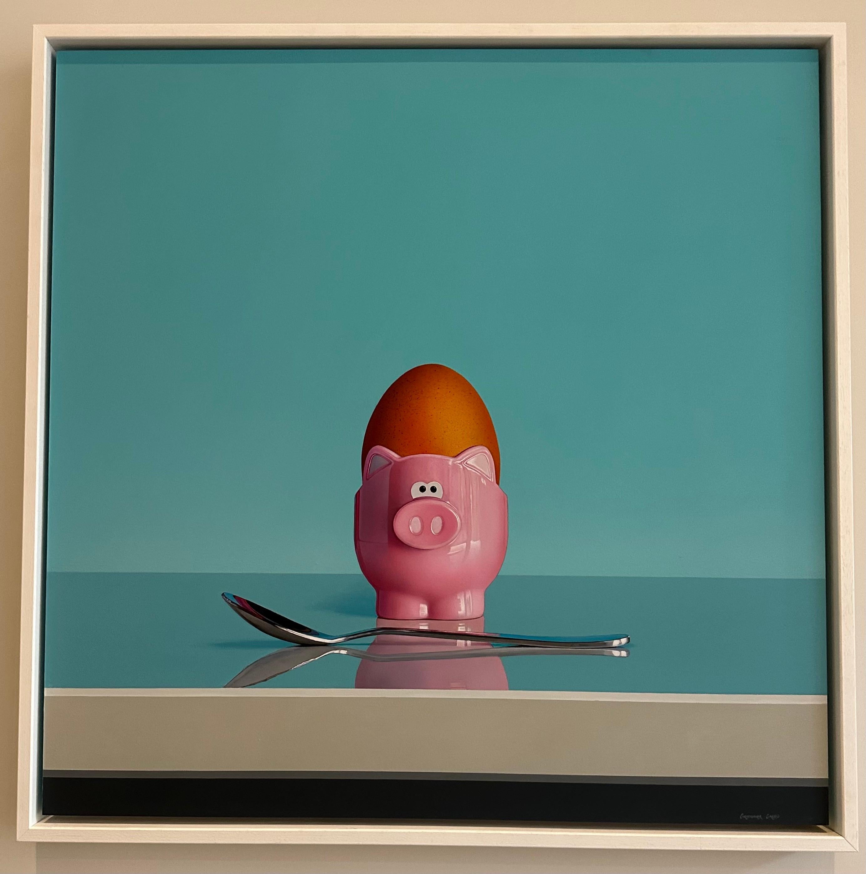 Pink Pig Egg Cup & Silver Spoon Oil on Board Still Life by Christopher Green In Good Condition In London, GB