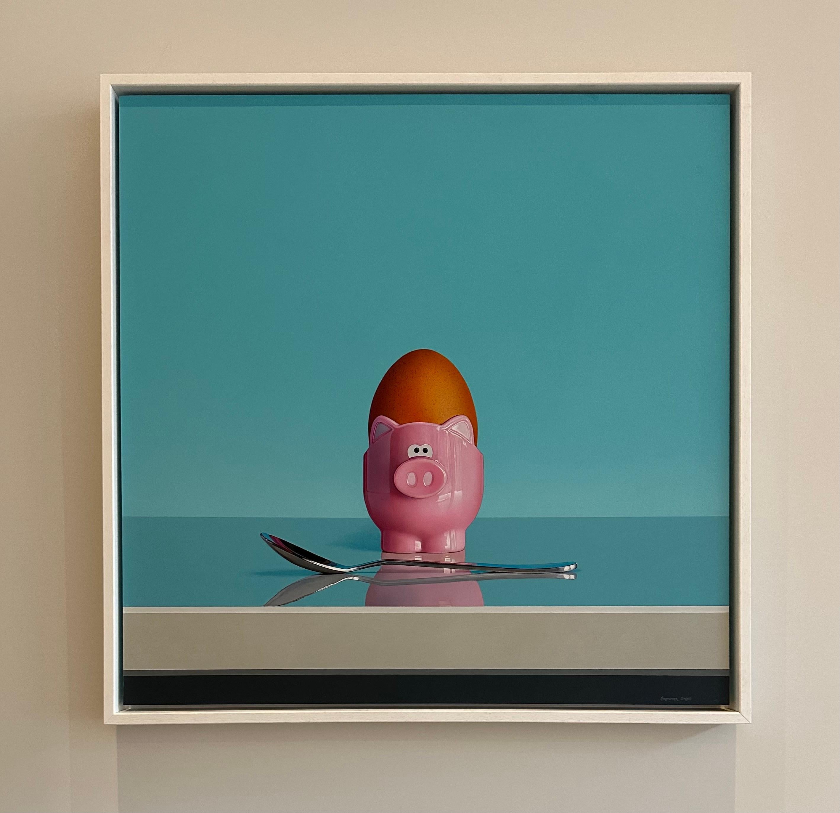 Contemporary Pink Pig Egg Cup & Silver Spoon Oil on Board Still Life by Christopher Green