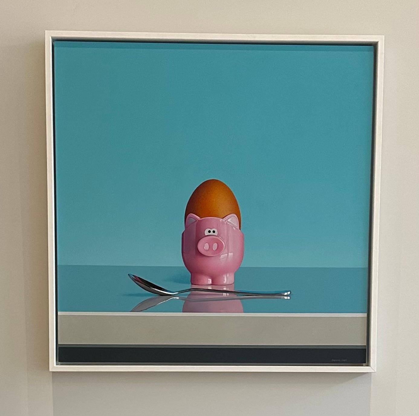 Wood Pink Pig Egg Cup & Silver Spoon Oil on Board Still Life by Christopher Green For Sale