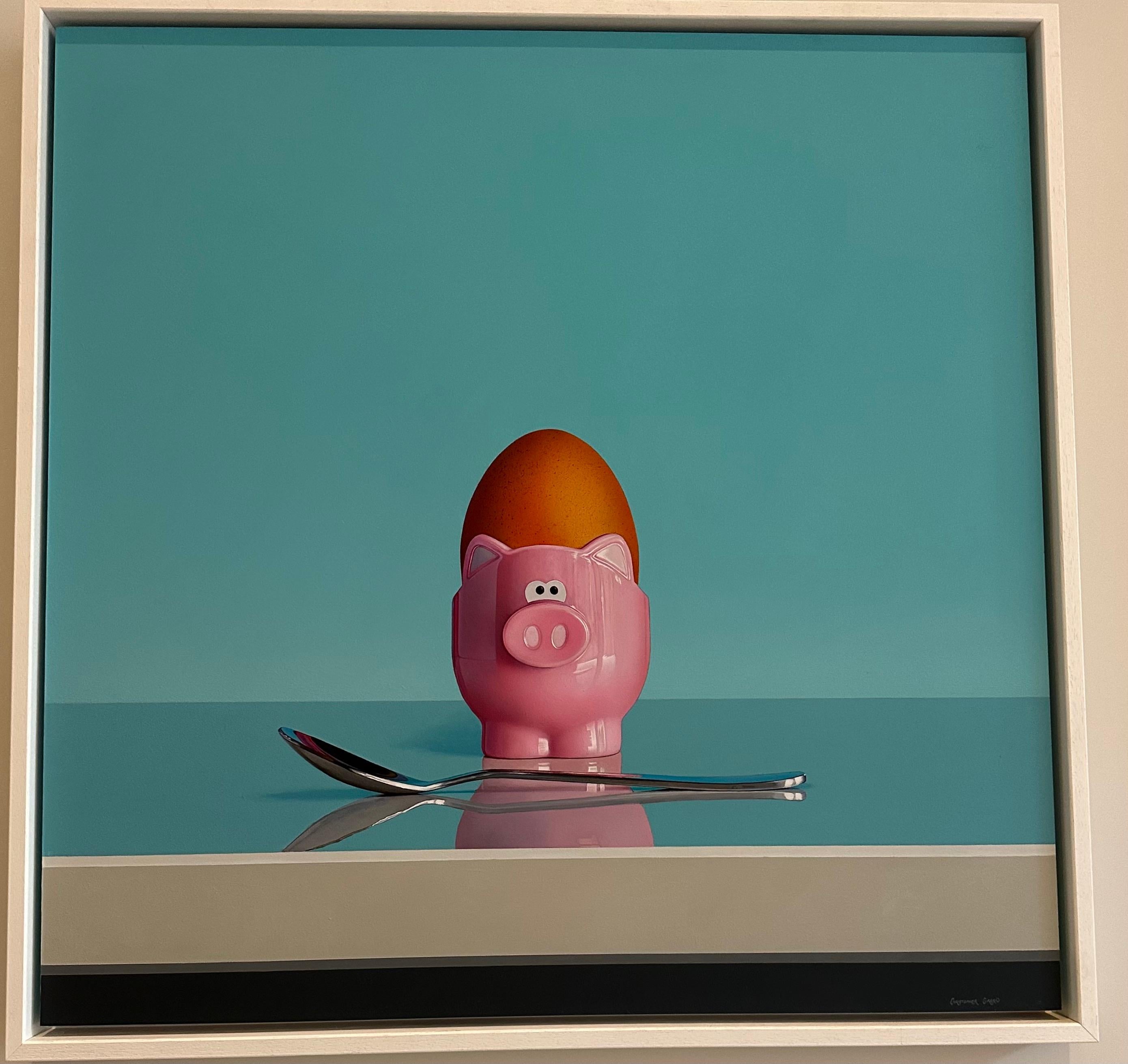 Pink Pig Egg Cup & Silver Spoon Oil on Board Still Life by Christopher Green For Sale 2