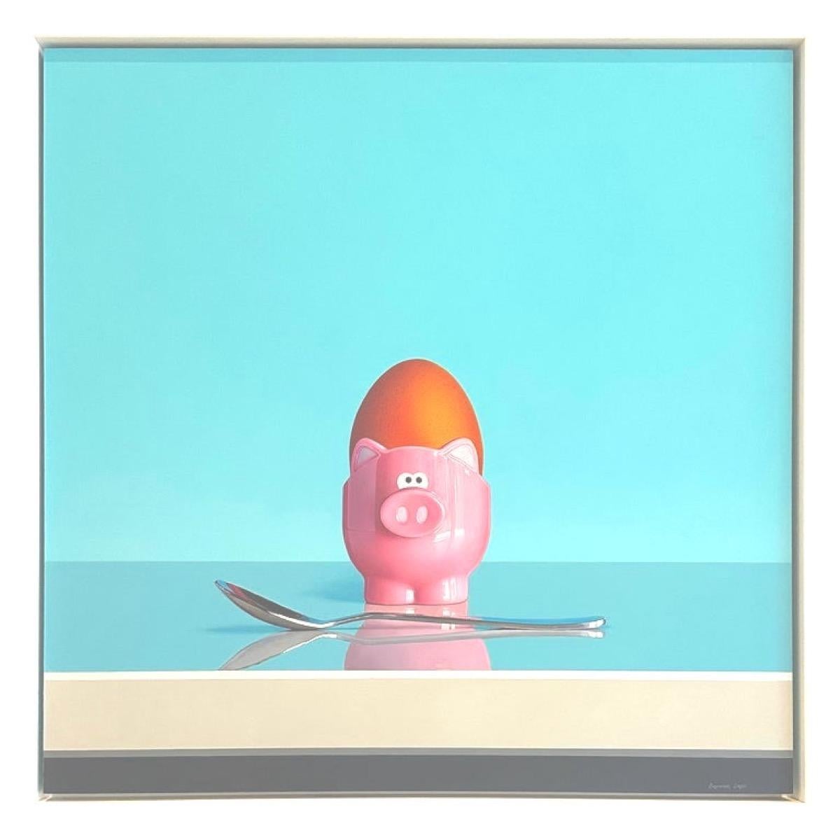 Pink Pig Egg Cup & Silver Spoon Oil on Board Still Life by Christopher Green For Sale