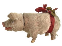 Pink Pig Lucky Charm Mohair Composition Candy Container, Antique, Austria, 1900s