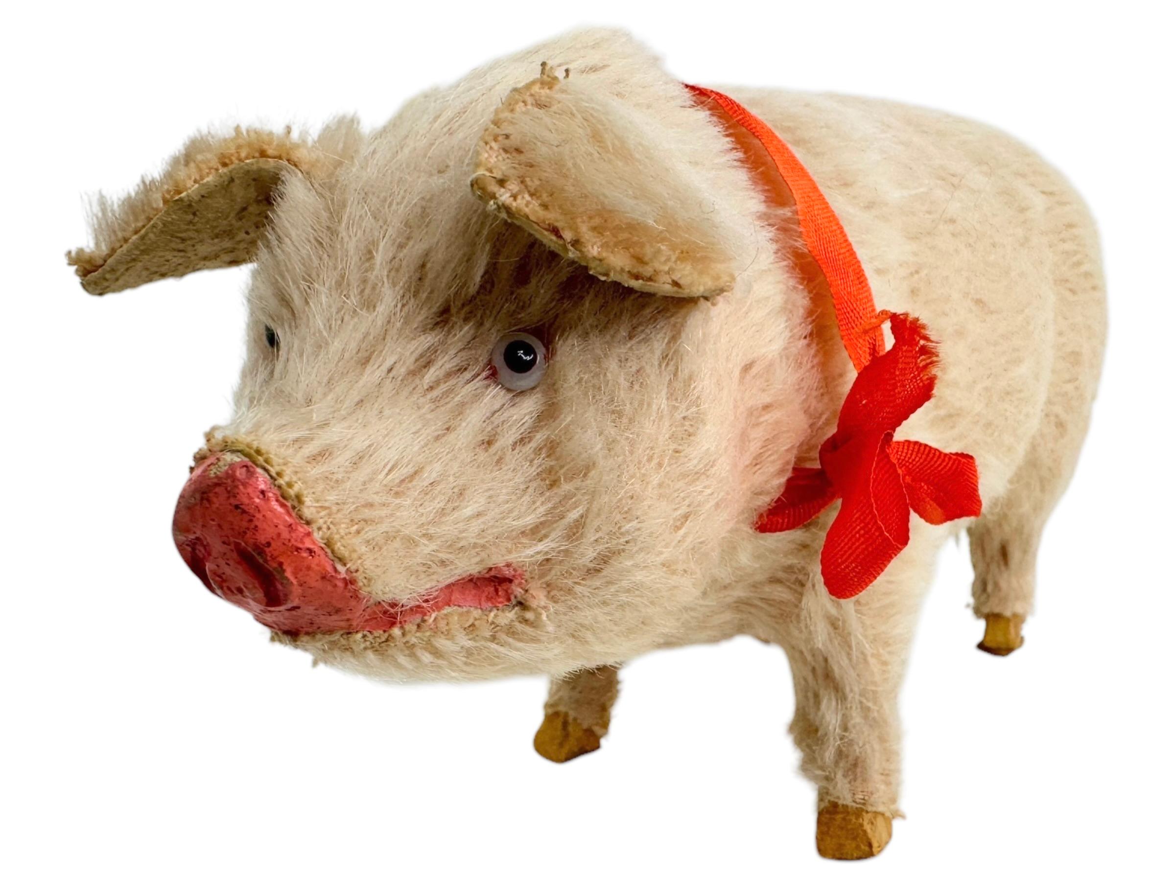 Folk Art Pink Pig Lucky Charm Mohair Composition Candy Container, Antique, Austria, 1900s For Sale